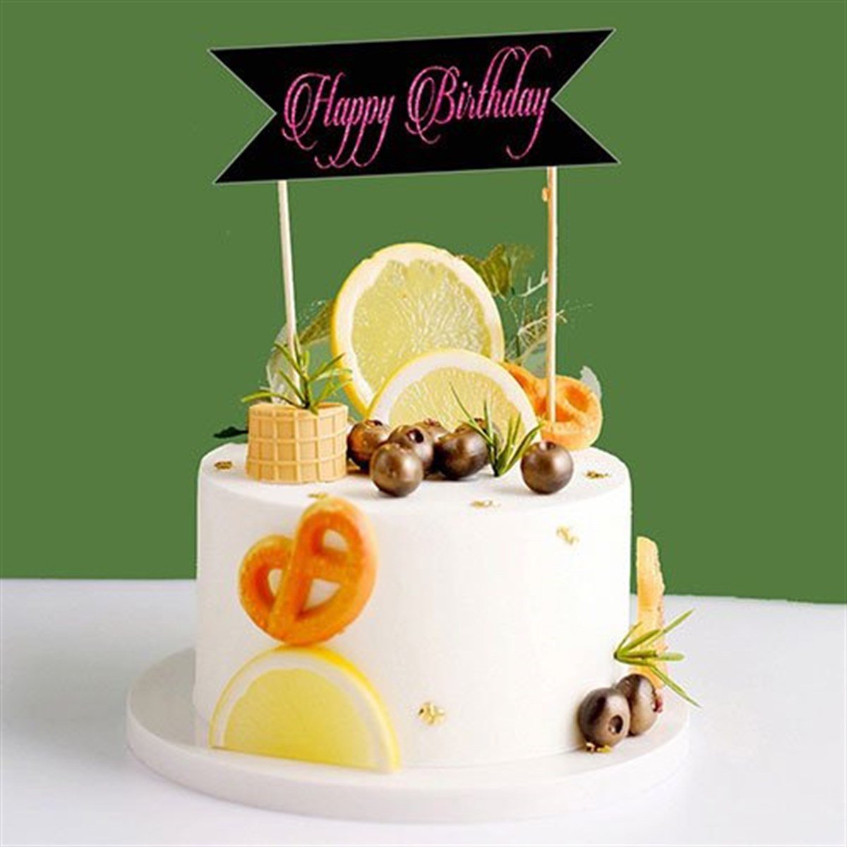 Siyah Fuşya Happy Birthday Pasta Süsü 1 Adet