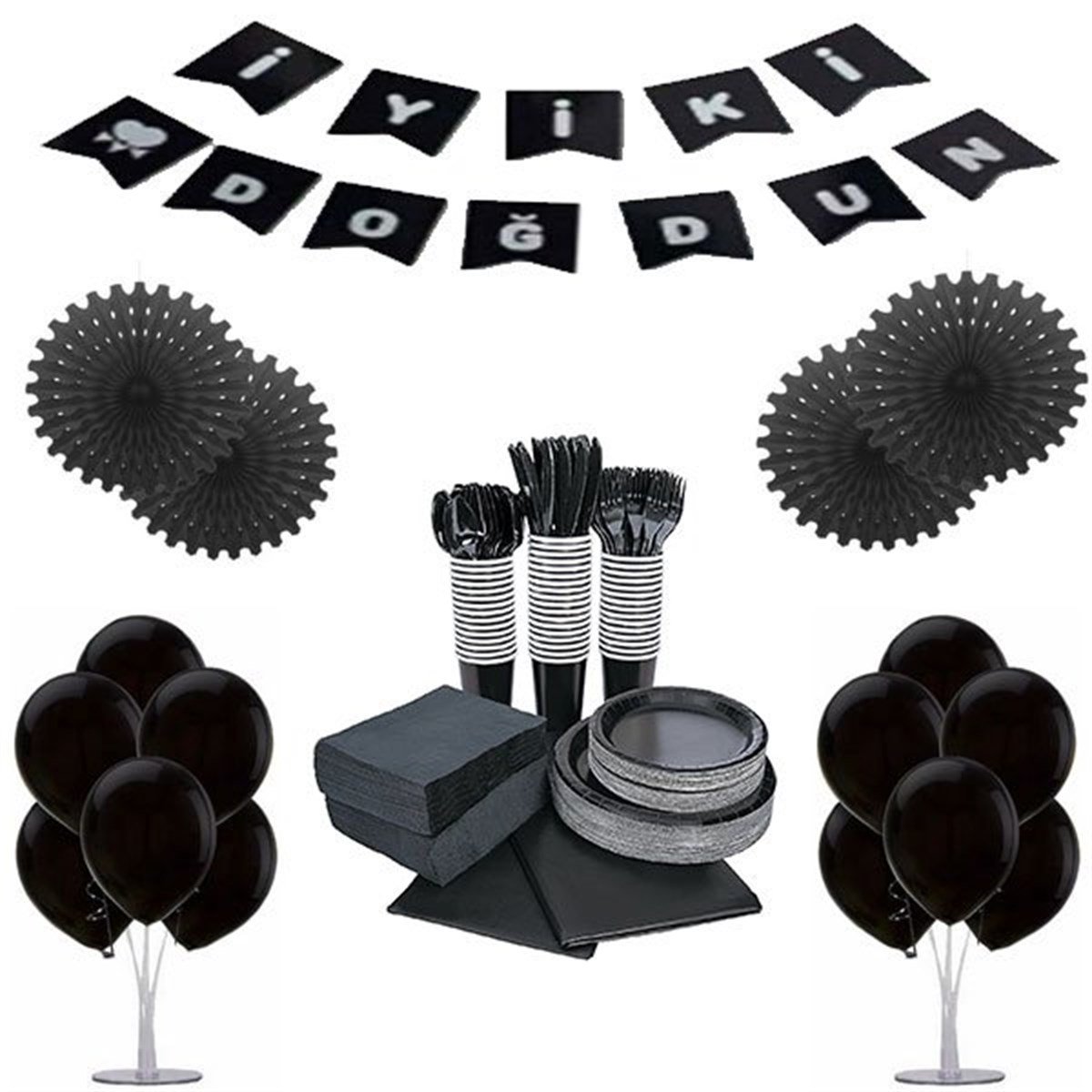 Siyah Karton Parti Seti 8 Kişilik