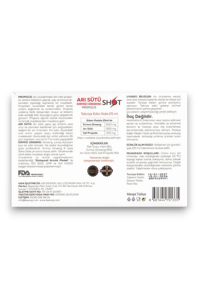 BEEO UP Propolis Arı Sütü Kırmızı Ginseng Shot 25 ml  x 15 Adet