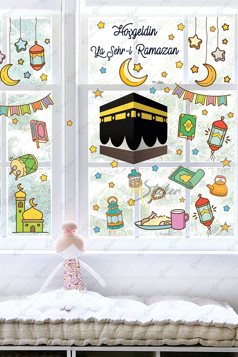  Ramazan Ayı Temalı Süsleme, Kabe ve Ramazan Figürleri Cam Duvar Sticker Seti R5 