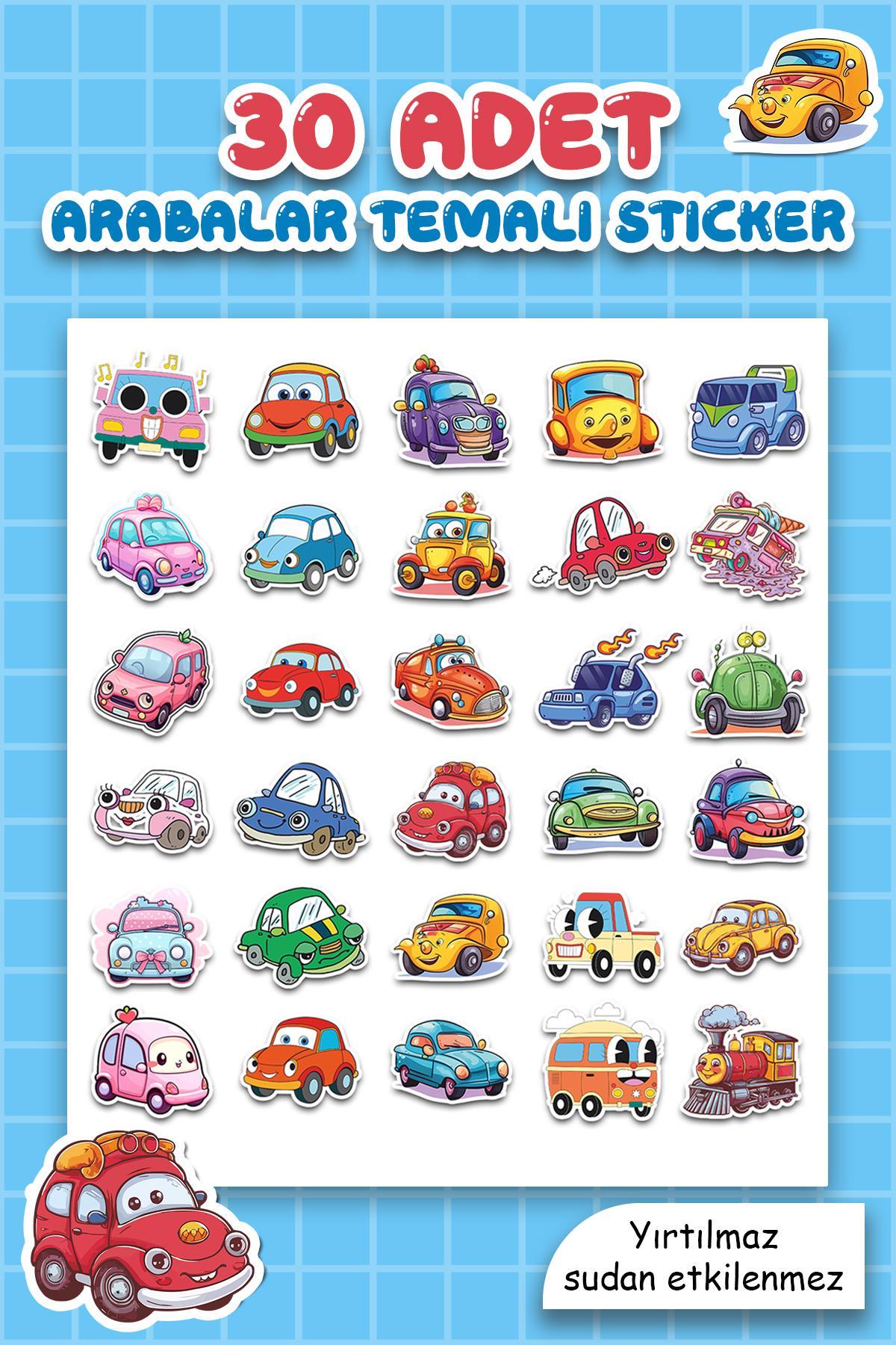 Arabalar ve Taşıtlar Temalı Sudan Etkilenmeyen Sticker Seti 30 Parça Tüm Yüzeylere Uygun Sticker