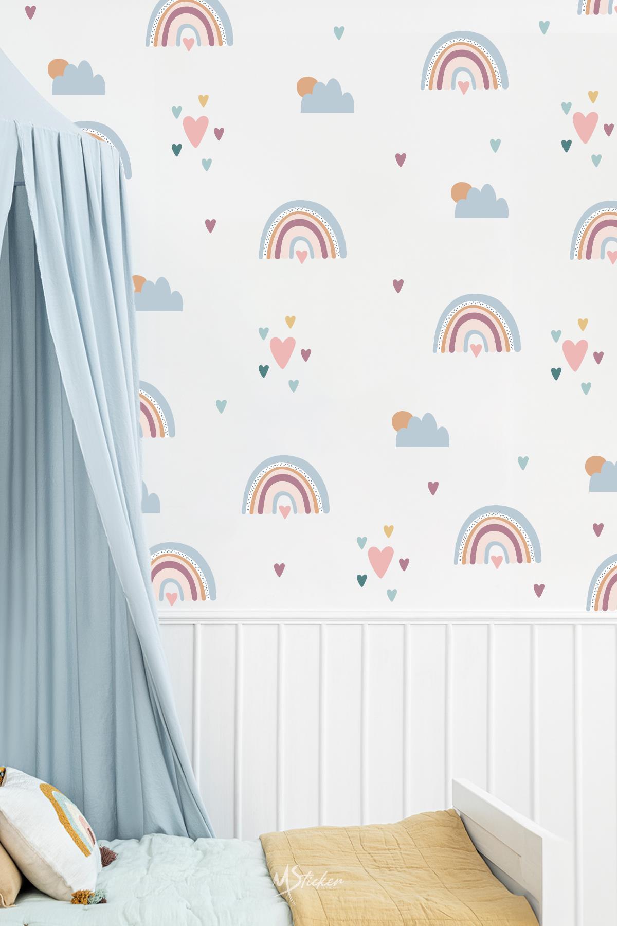 Boho Gökkuşağı Kalpler ve Figürler Çocuk Bebek odası Duvar Sticker Seti, Pastel Renklerde Gökkuşağı