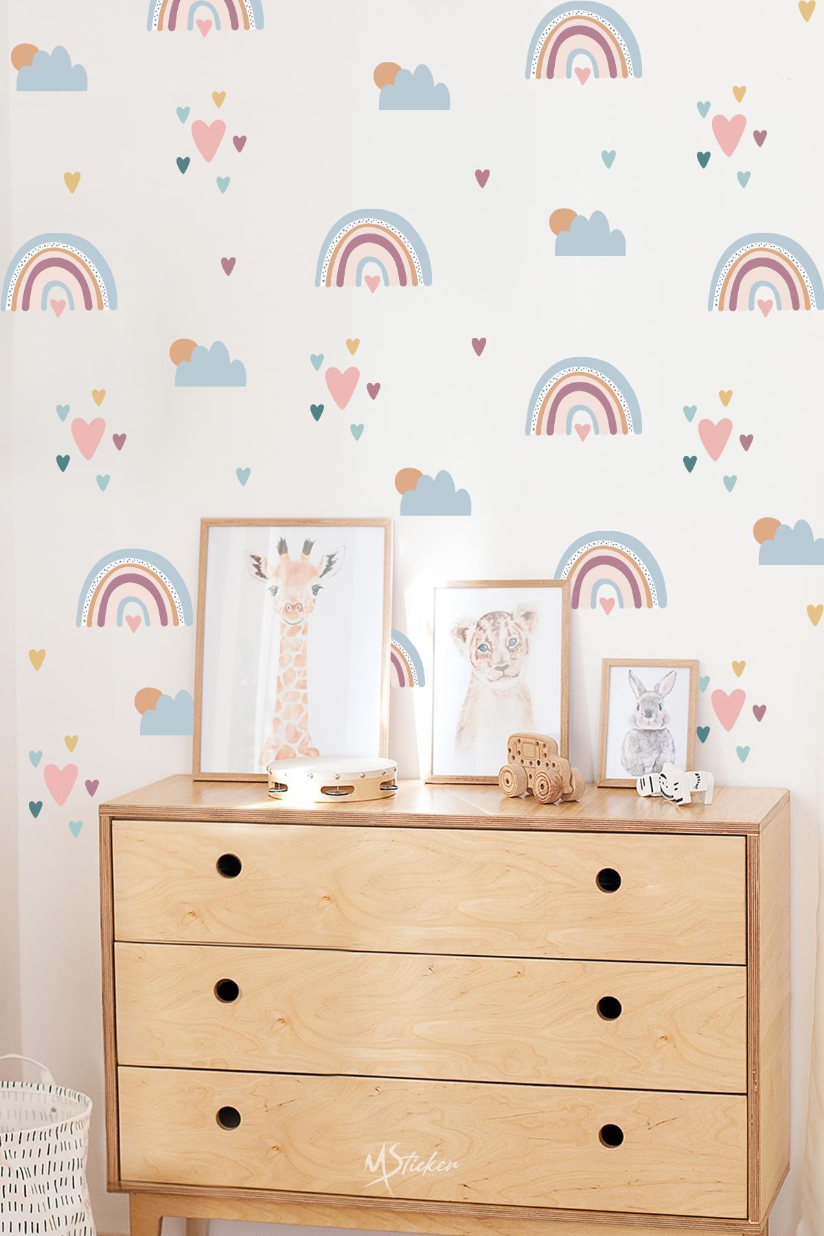 Boho Gökkuşağı Kalpler ve Figürler Çocuk Bebek odası Duvar Sticker Seti, Pastel Renklerde Gökkuşağı