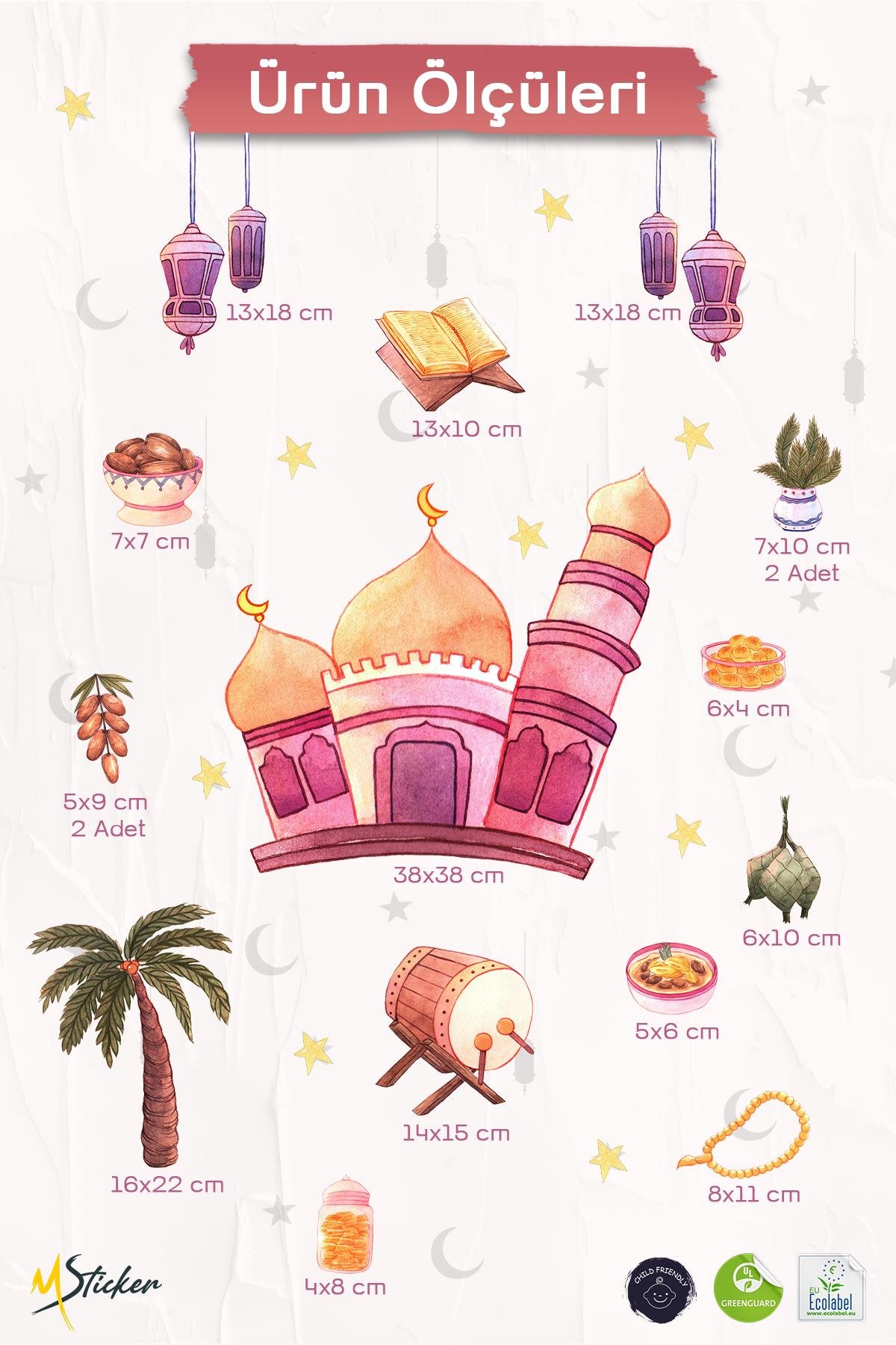 Çift Taraflı Baskılı Cam İçin Pembe Tonlarında Cami Ramazan Ayı Temalı Cam Duvar Süsleri Hoşgeldin Ramazan Sticker Seti