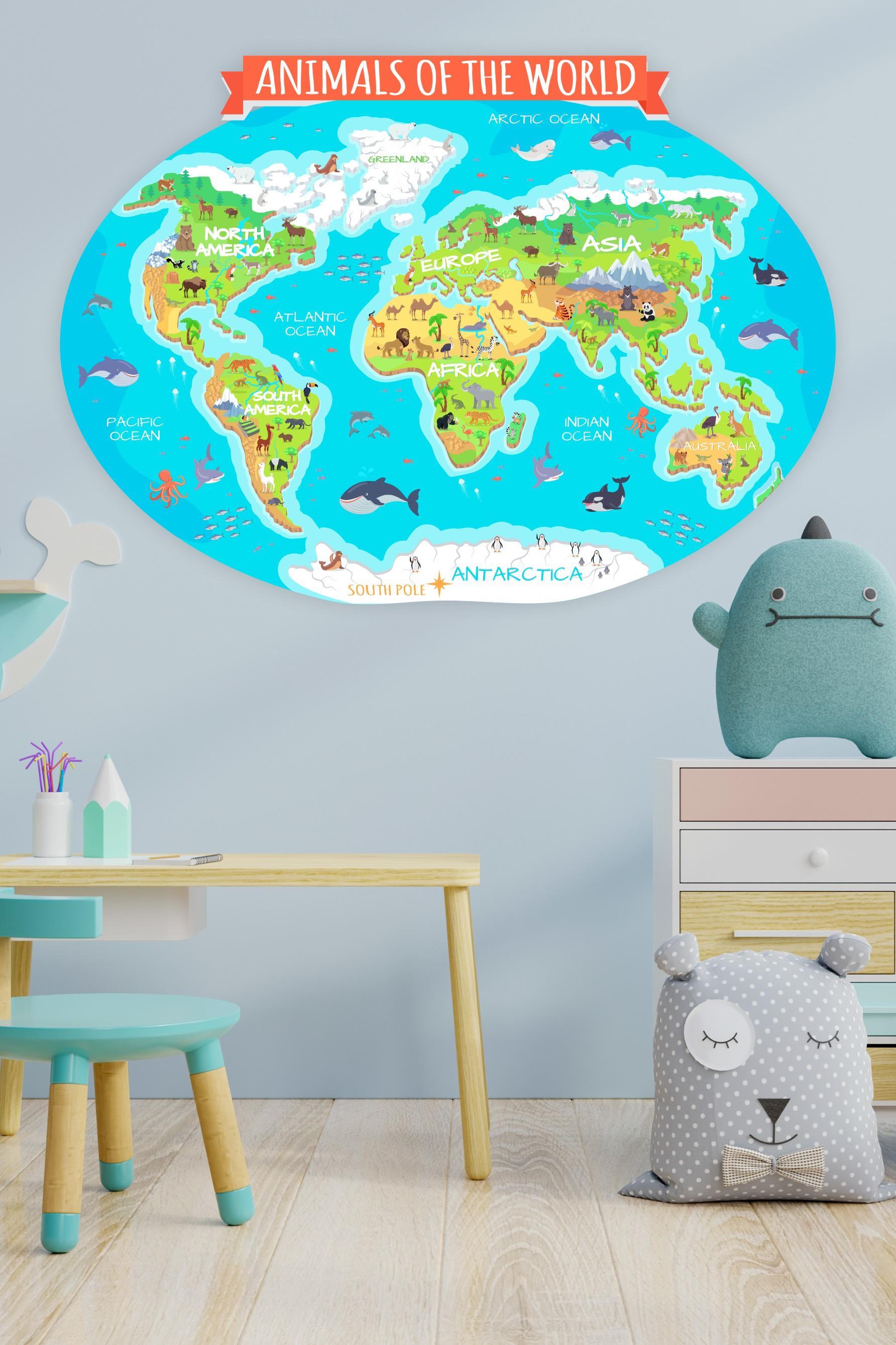 Çocuklar İçin Eğitici İngilizce Dünya Haritası Sticker (70x100cm)