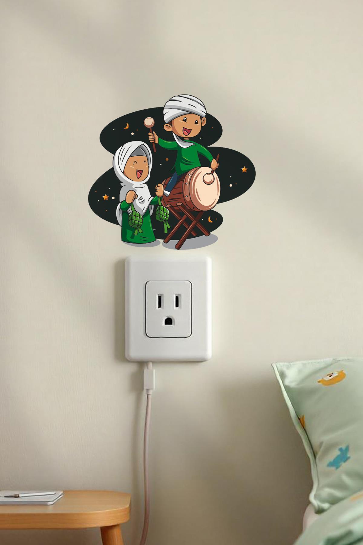Davul Çalan Çocuklar Ramazan Priz Sticker Seti Duvar Cam Sticker Ramazan Süsü