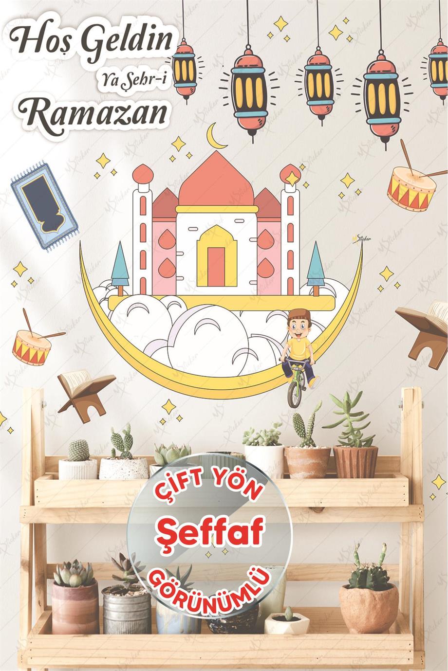 Hoşgeldin Ramazan Renkli Fener Sarkıt Cam Duvar Camili Sticker Seti-ŞEFFAF