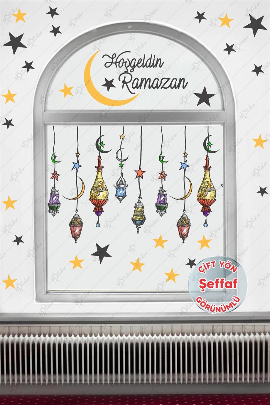 Hoşgeldin Ramazan Renkli Fener Sarkıt Cam Duvar Dekorasyon Sticker Seti-ŞEFFAF