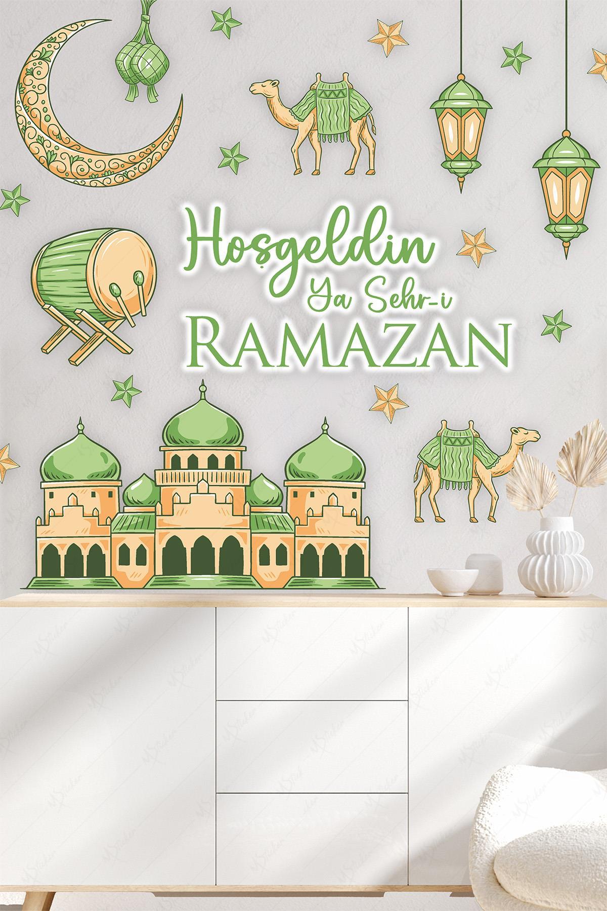 Hoşgeldin Ya Şehr-i Ramazan Yeşil Tonlarda Cami Hilal Develerden oluşan Cam Duvar Sticker Seti Ramazan Süsleri Seti