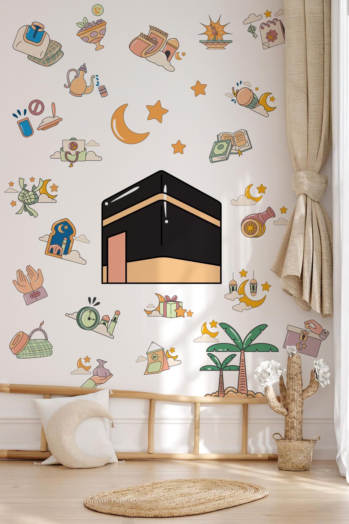 Kabe ve Ramazan Figürleri Temalı Cam Duvar Sticker Seti, Ramazan-ı Şerif Sticker Seti Çocuk Bebek 