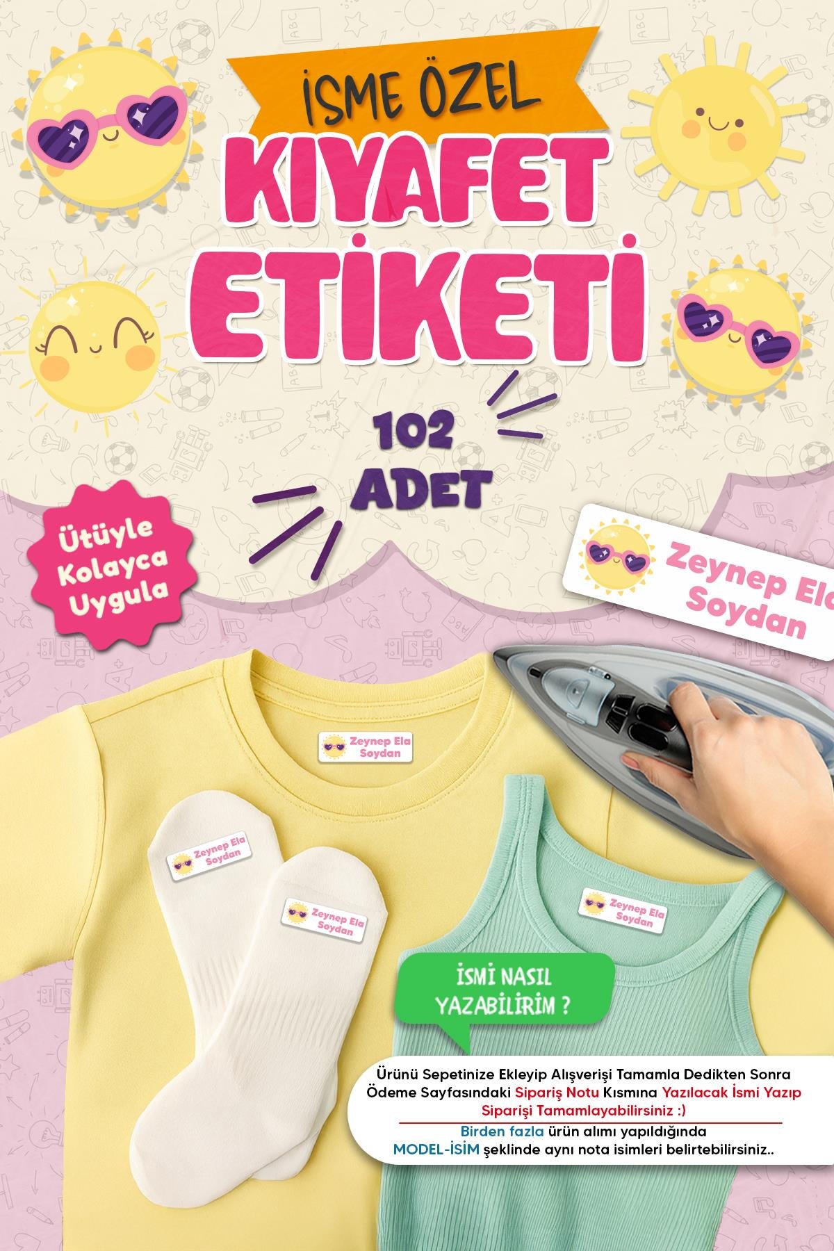 Kıyafet Etiketi - Okul Kıyafetlerine Kişiye Özel 30 Saniyede Kolay Uygulama Yıkanabilir -Güneş Figür