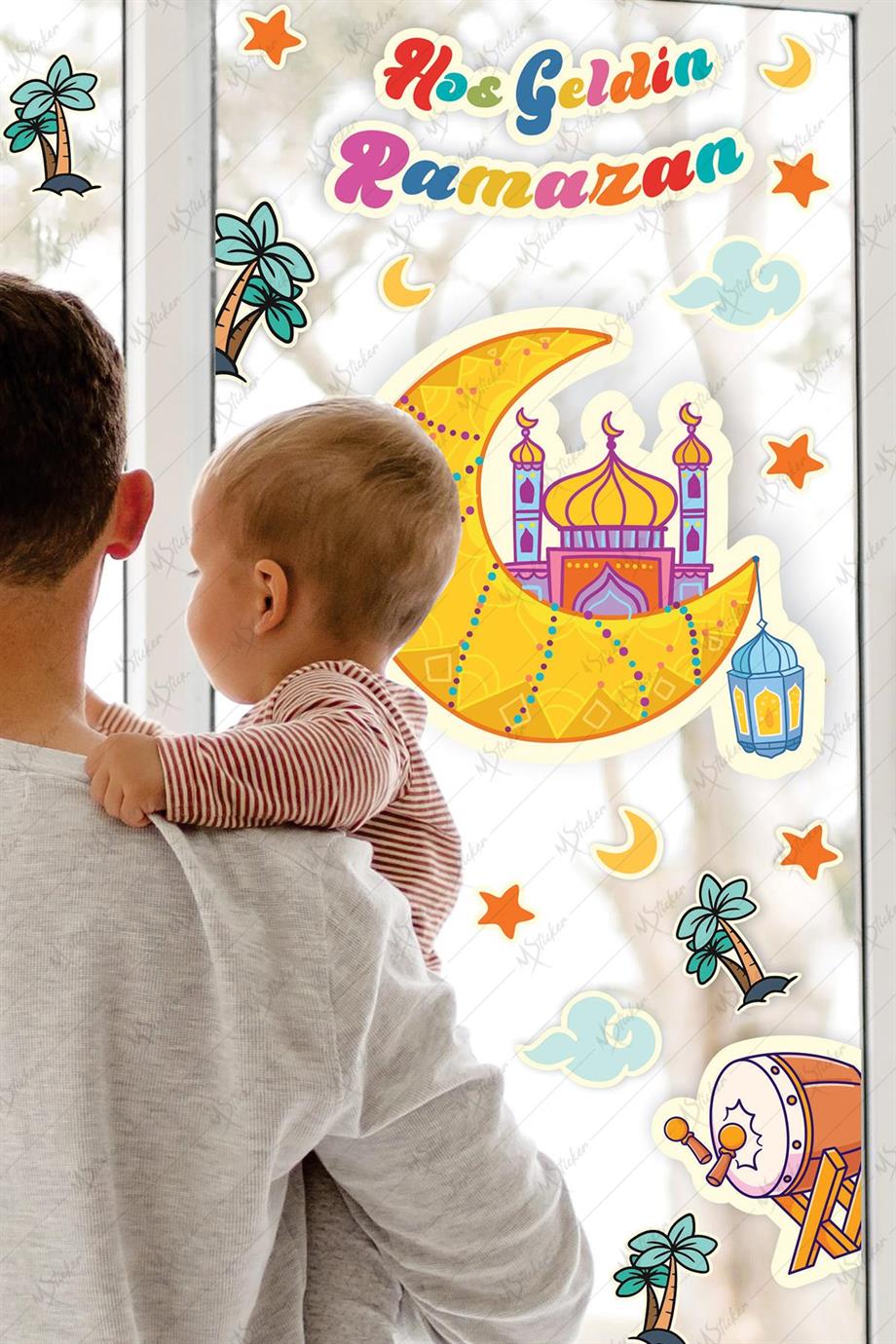 Ramazan Ayı Hilal Cami Hoşgeldin Ramazan ve Ramazan Figürleri Cam Duvar Sticker Seti