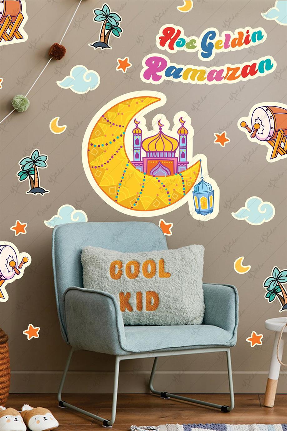 Ramazan Ayı Hilal Cami Hoşgeldin Ramazan ve Ramazan Figürleri Cam Duvar Sticker Seti