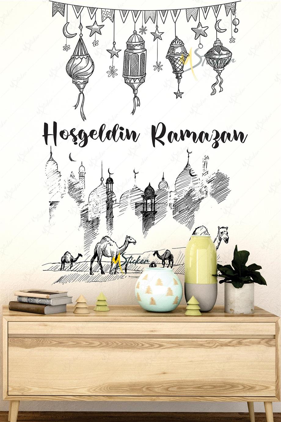 Ramazan Ayı Kandiller ve Medine Figürleri Cam Duvar Dolap Sticker Seti - Hoşgeldin Ramazan