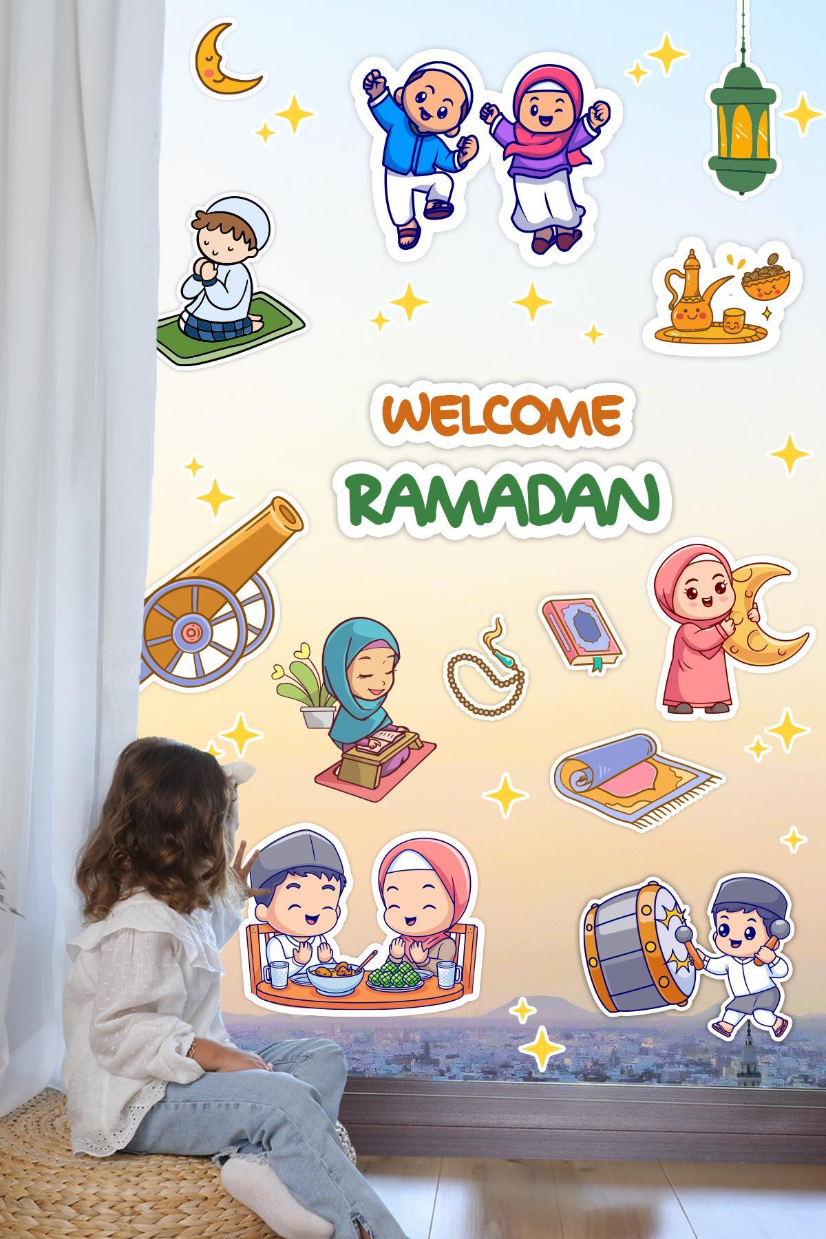 Ramazan Geldi Hoş Geldi İngilizce Cam Duvar Sticker Seti, Ramazanı Coşkuyla Karşılayan Çocuklar Ramazan Süsü