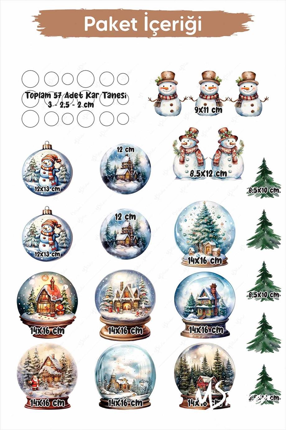 Sevimli Kar Küreleri Yeni Yıl Yılbaşı Süsü Sticker Seti, kar Küreleri Kış Konseptli Yılbaşı Sticker