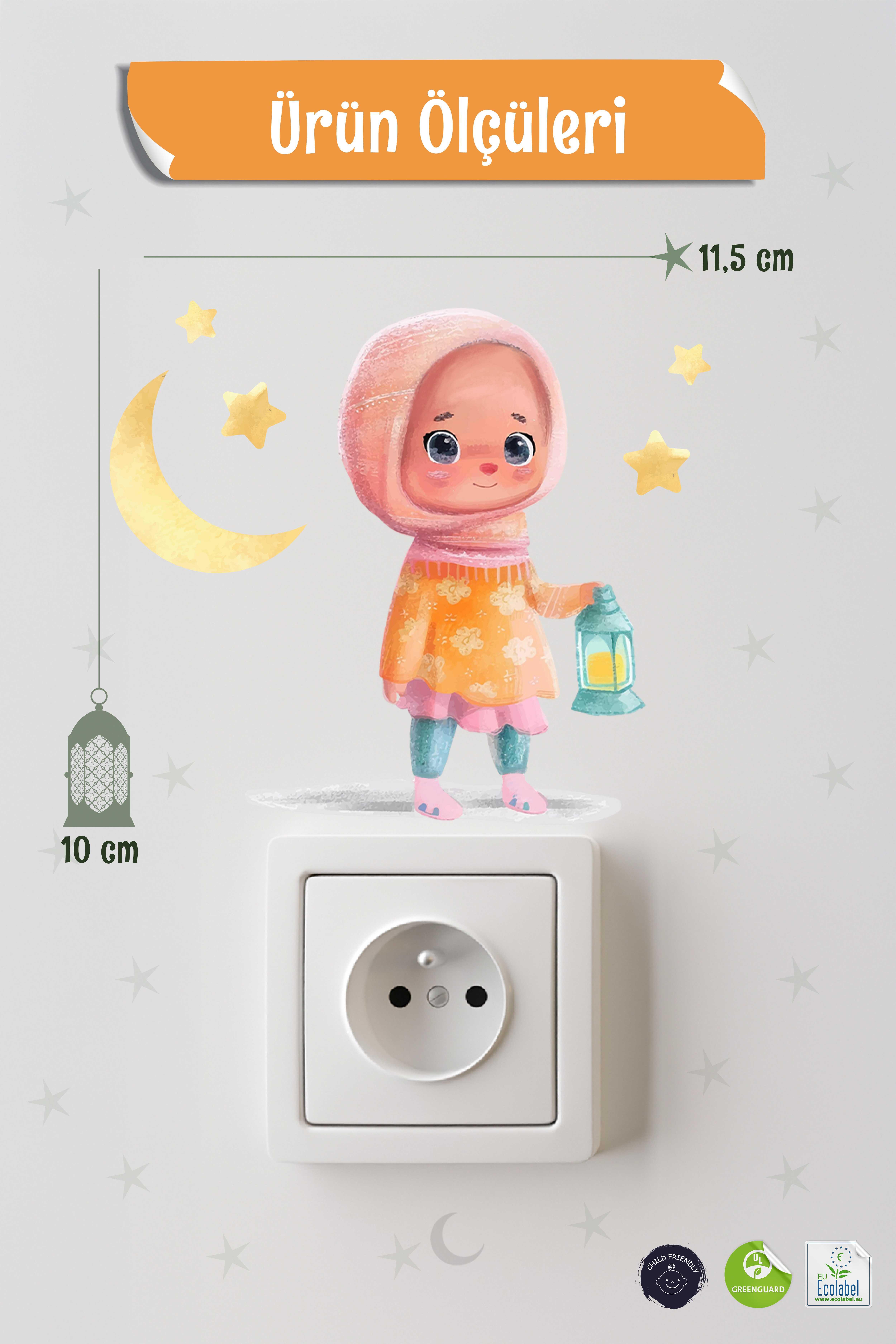 Sevimli Kız Çocuğu Ramazan-ı Şerif Priz Sticker Seti Duvar Cam Sticker Ramazan Süsü