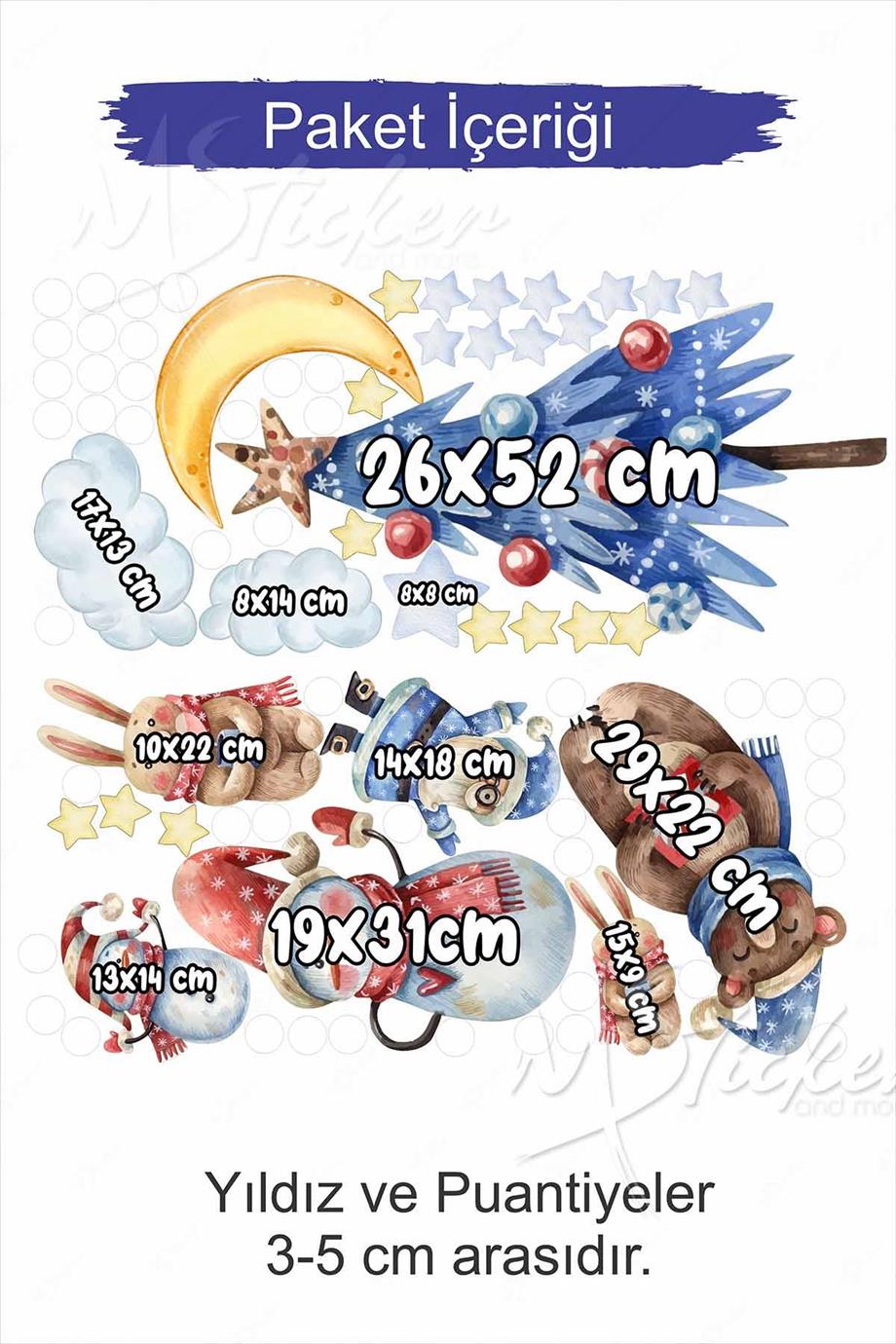 Yeni Yıl Ağacı Kardan Adamlar Puantiye ve Yıldızlar Cam Duvar Yılbaşı Süsü Sticker Seti