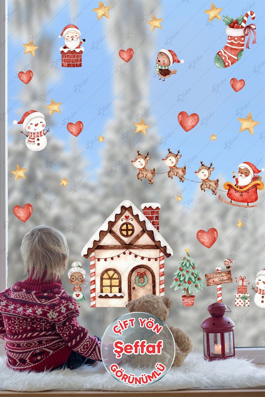 Yılbaşı Kış Evi Kardan Adam ve Noel Baba Kış Figürleri Kalpler ve Yıldızlar Yeni Yıl Sticker Seti - şeffaf