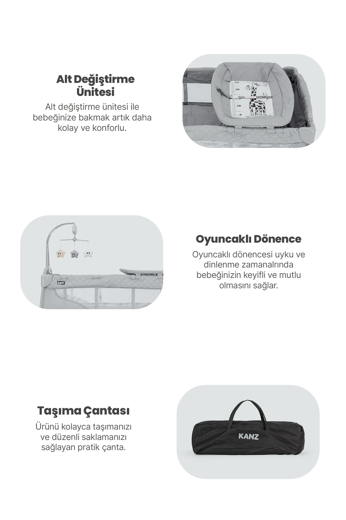 Kanz Endo Plus Park Yatak ve Oyun Parkı Gri 70 x 110