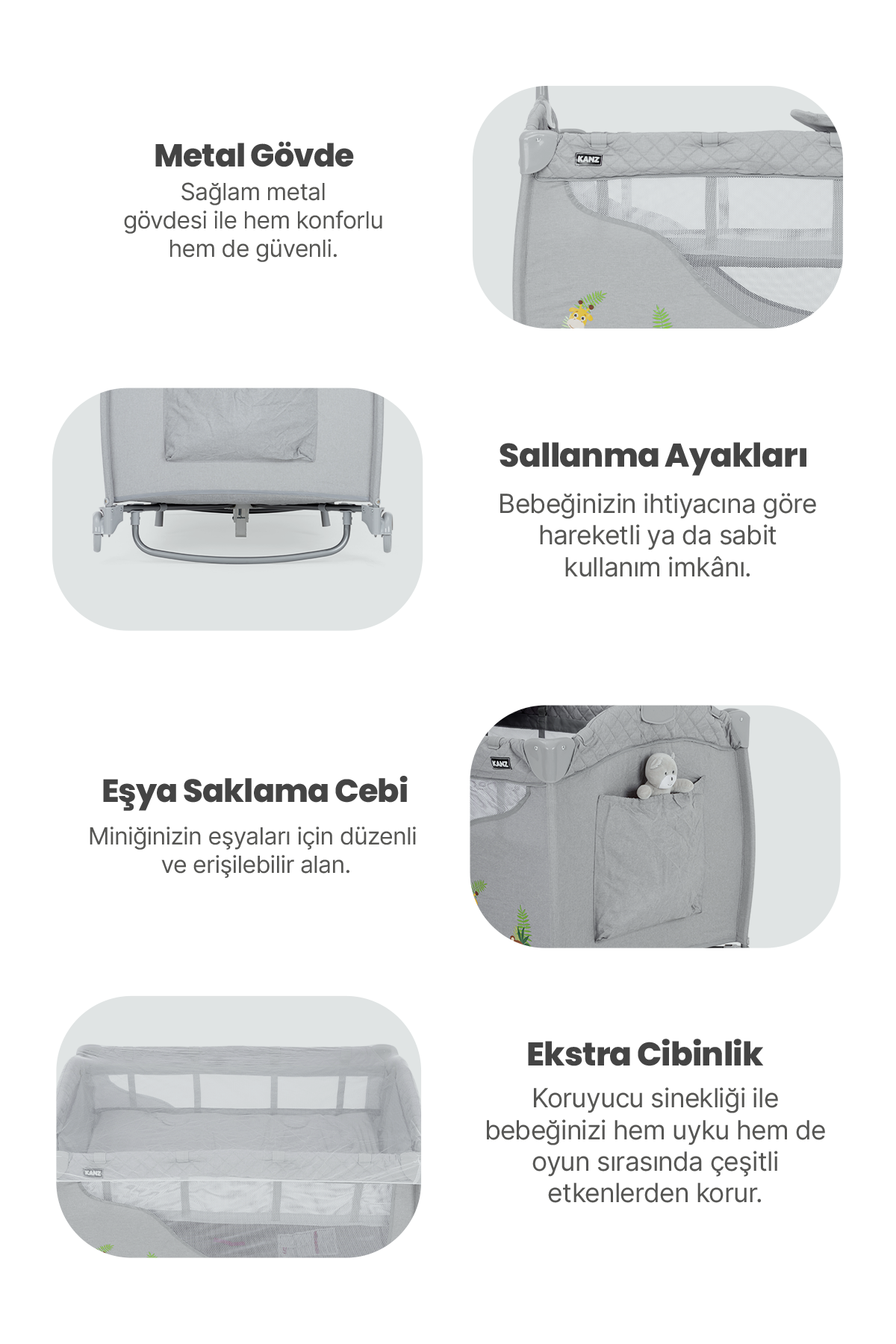 Kanz Endo Plus Park Yatak ve Oyun Parkı Gri 70 x 110
