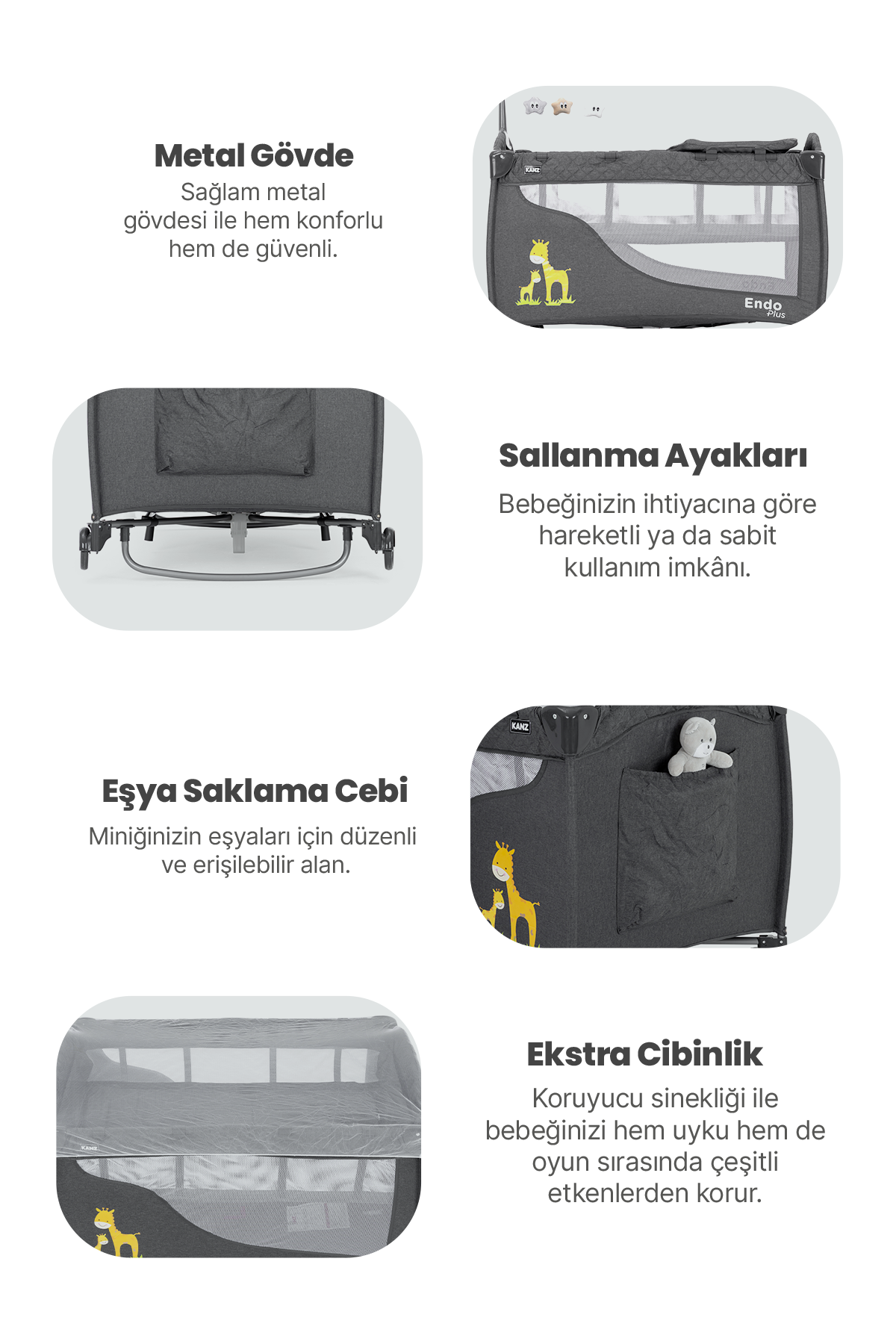 Kanz Endo Plus Park Yatak ve Oyun Parkı Füme 70 x 110