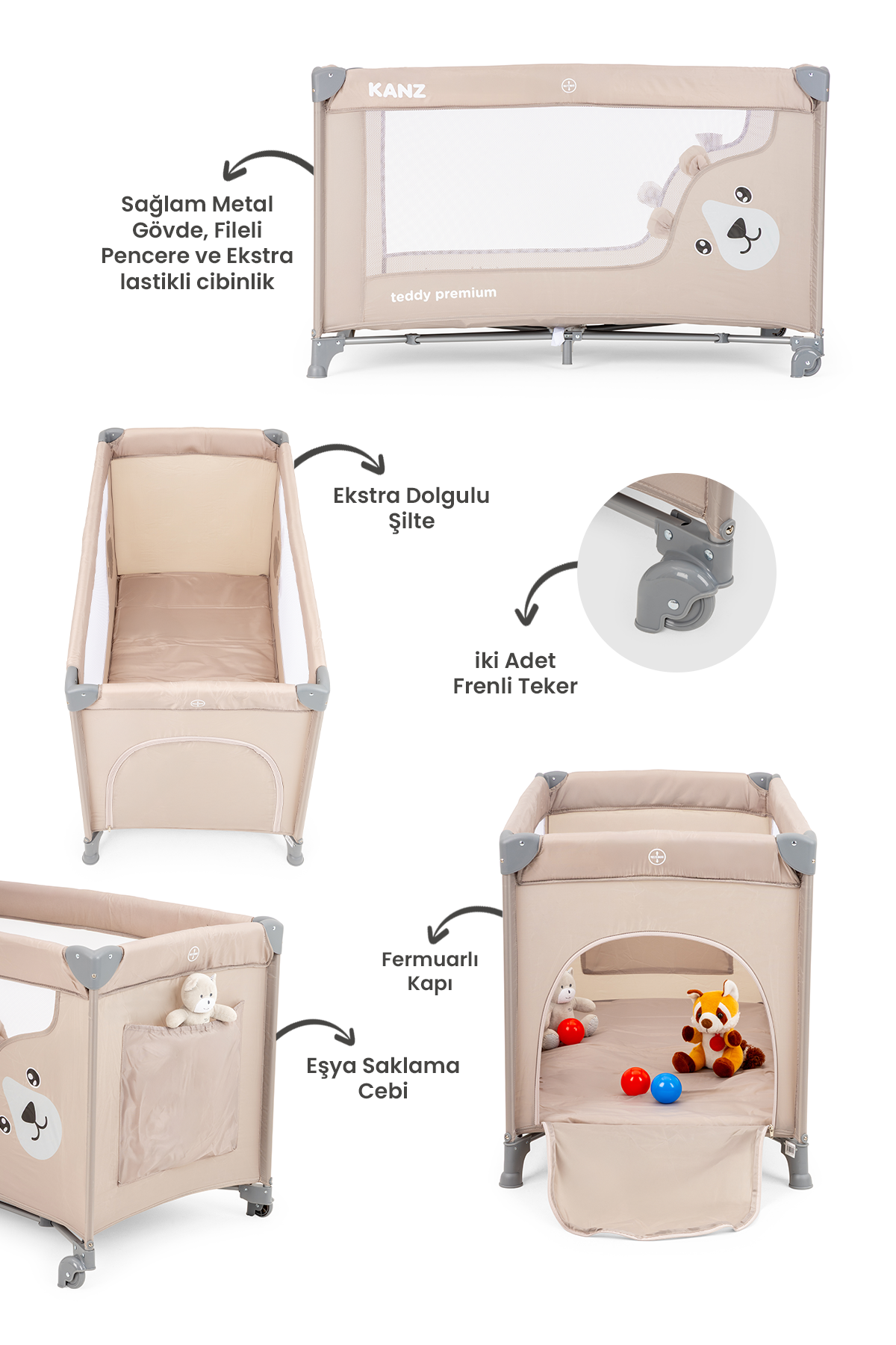Kanz Teddy Premium Oyun Parkı ve Park Yatak Bej 65cmx125cm
