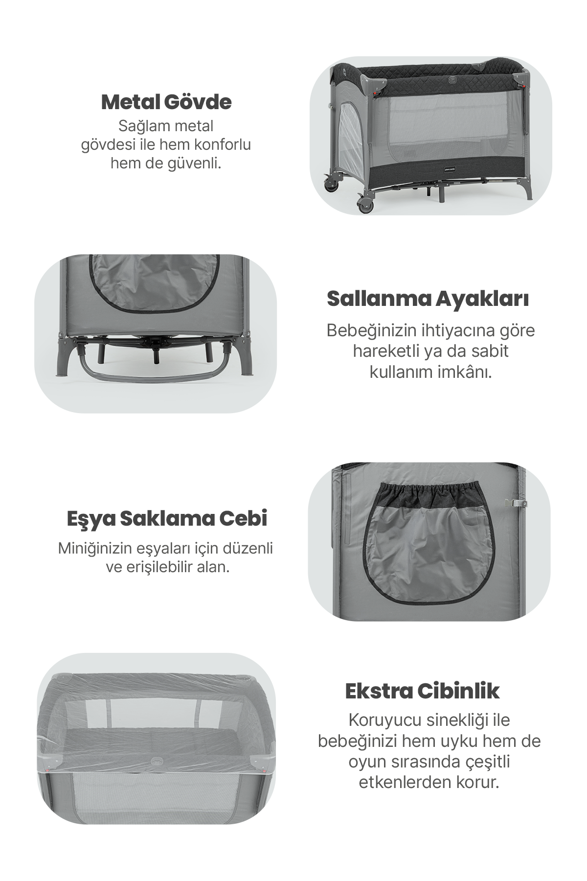 Pierre Cardin Luna Anne Yanı Park Yatak ve Oyun Parkı 60x100 Gri