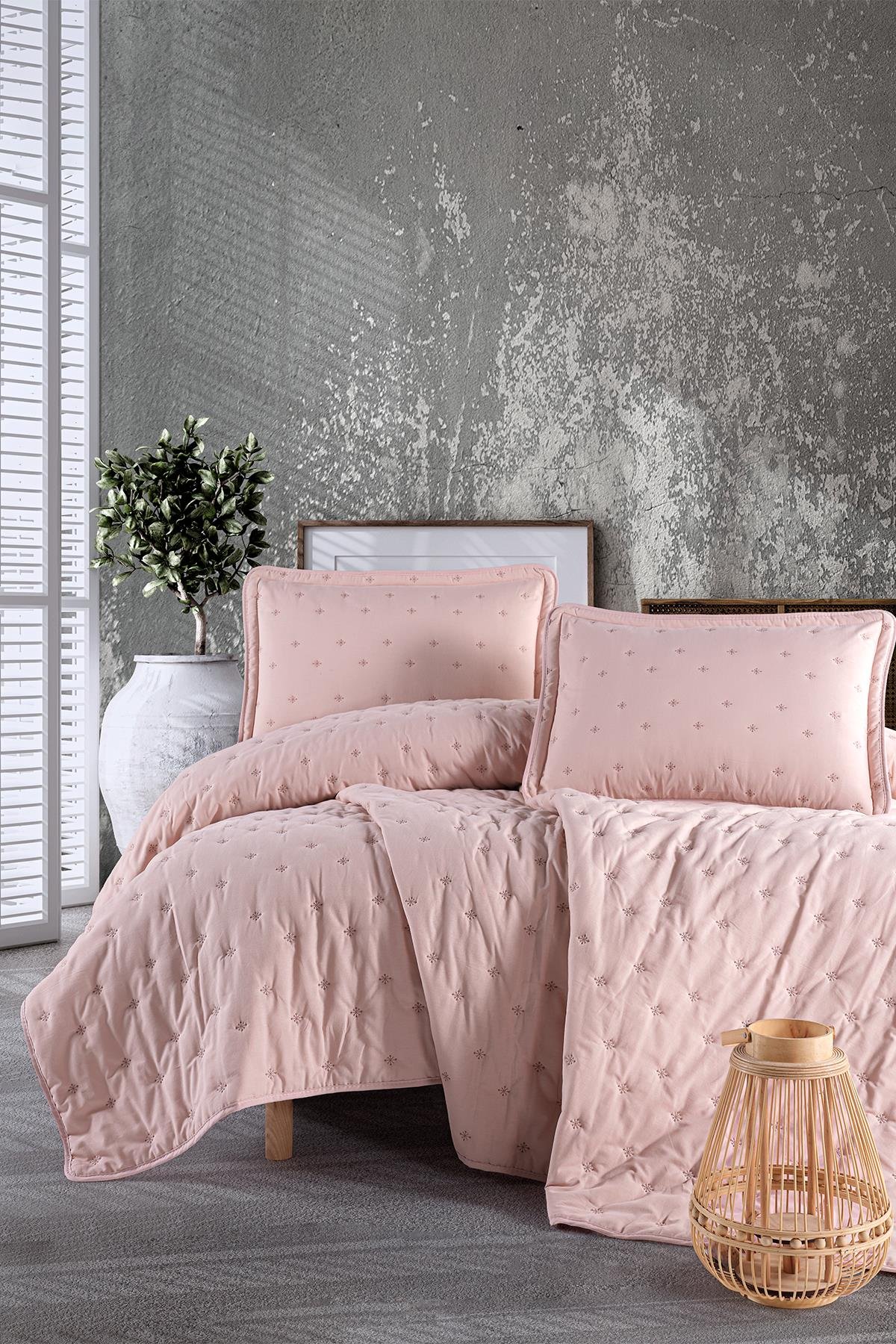 Clasy Nakışlı Microfiber Çift Kişilik Yatak Örtüsü Seti Aspendos V2 Pudra