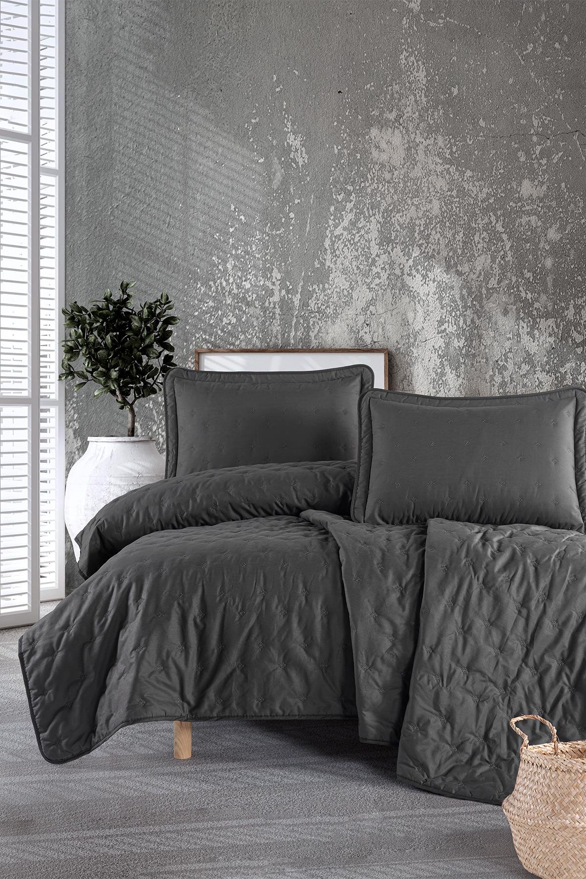 Clasy Nakışlı Microfiber Çift Kişilik Yatak Örtüsü Seti Aspendos V3 Füme