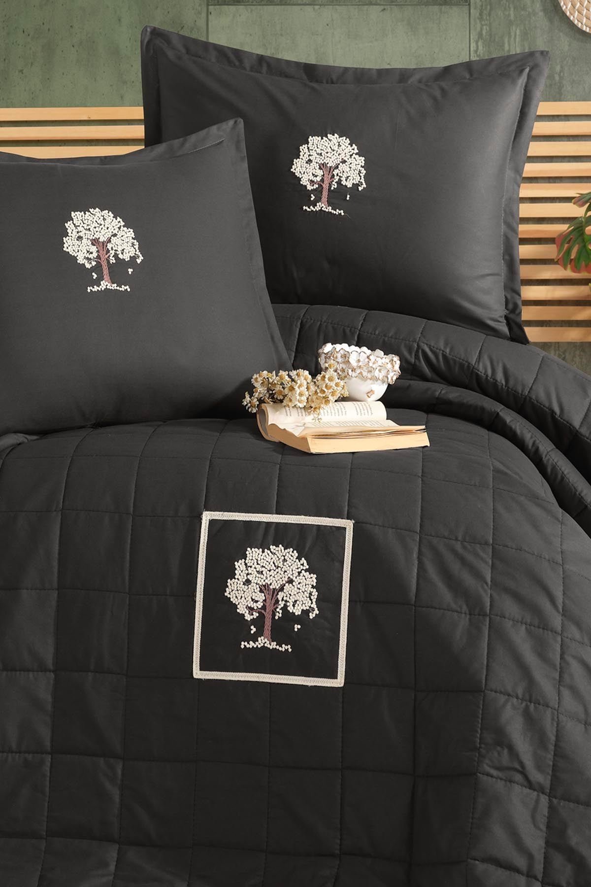 Clasy Ranforce %100 Pamuk Nakışlı Çift Kişilik Yatak Örtüsü Seti Verra V1 Füme