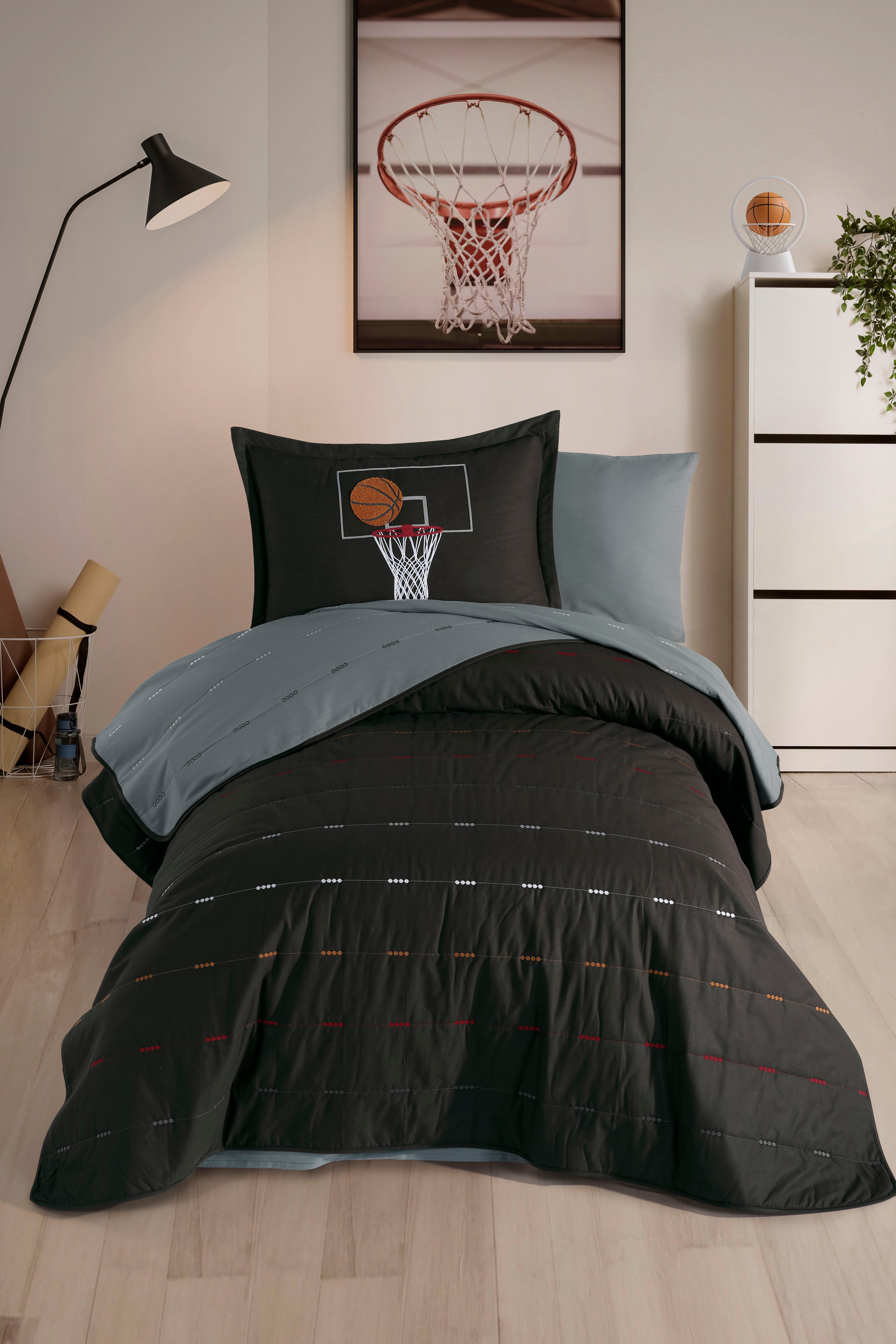 Clasy Ranforce %100 Pamuk Nakışlı Tek Kişilik Yatak Örtüsü Seti Hoop V2 Antrasit