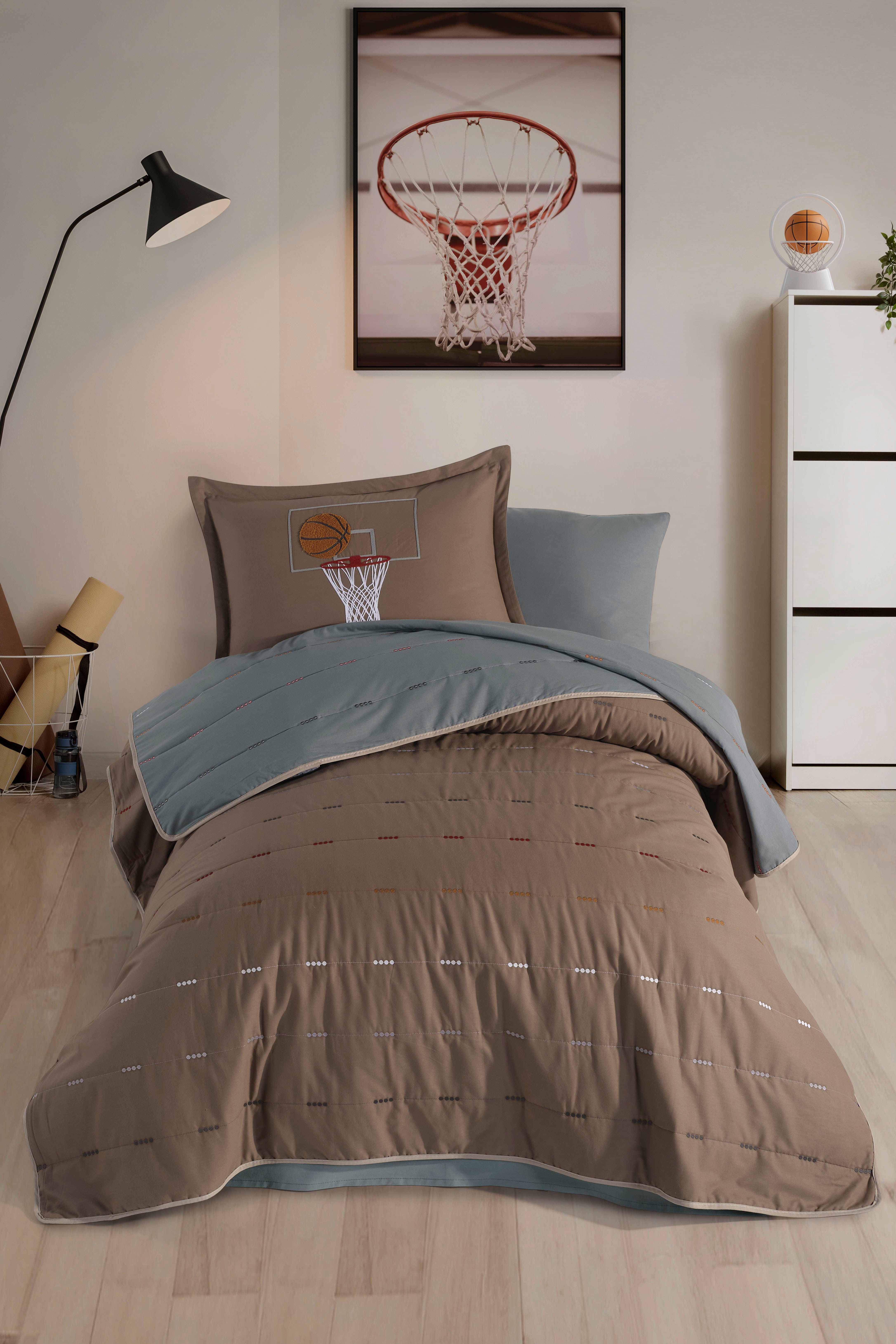 Clasy Ranforce %100 Pamuk Nakışlı Tek Kişilik Yatak Örtüsü Seti Hoop V1 Bej