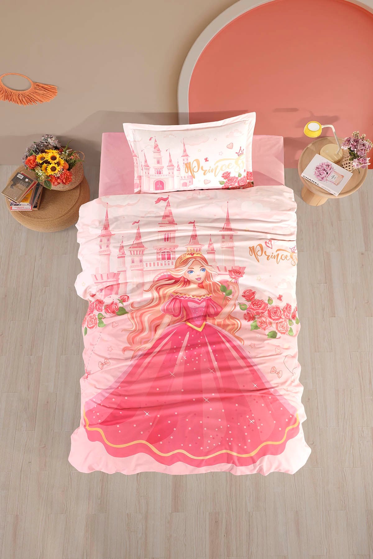 Clasy Ranforce %100 Pamuk Nevresim Takımı Tek Kişilik Princess V1 Pudra