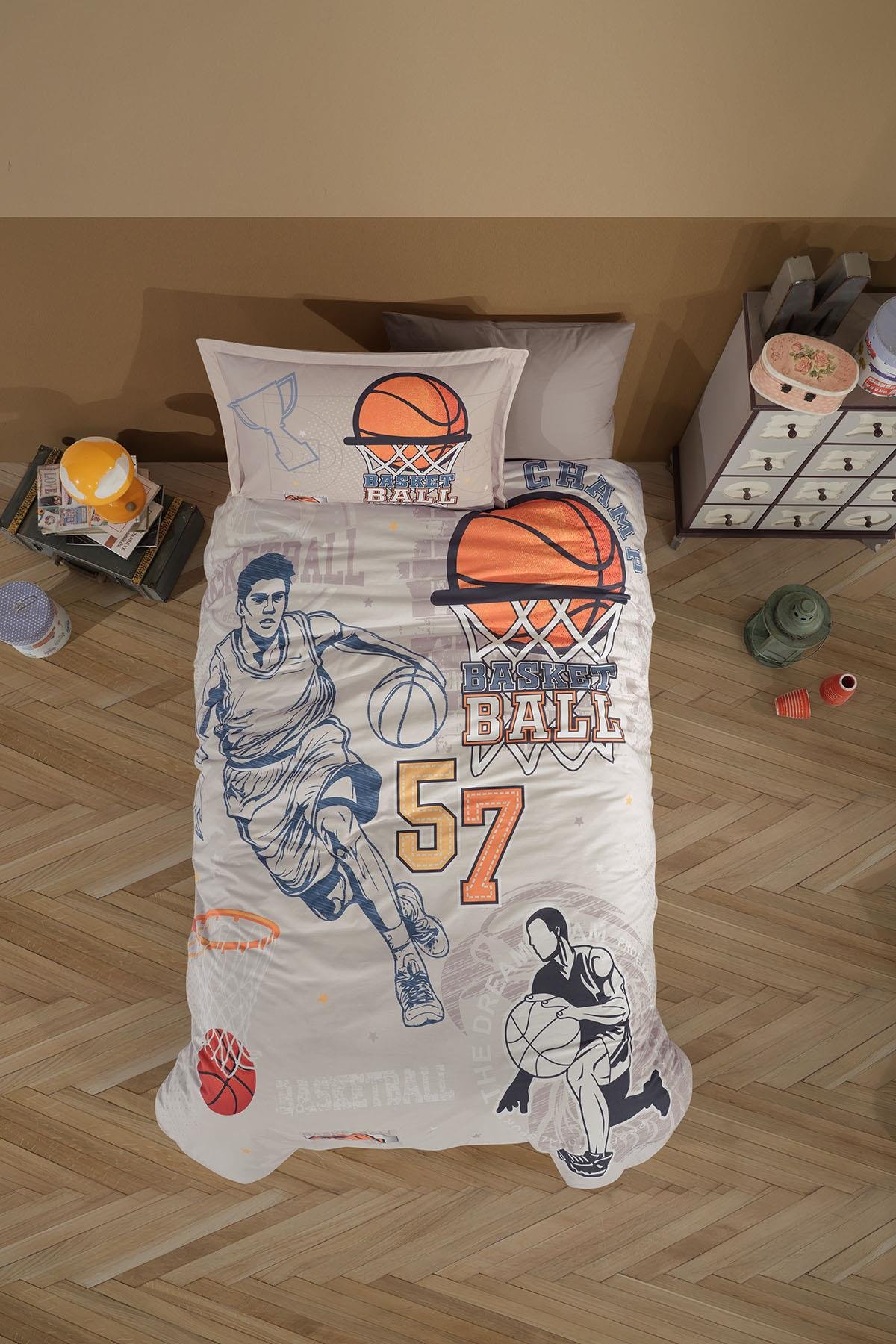 Clasy Ranforce %100 Pamuk Nevresim Takımı Tek Kişilik Basketball V1 Bej