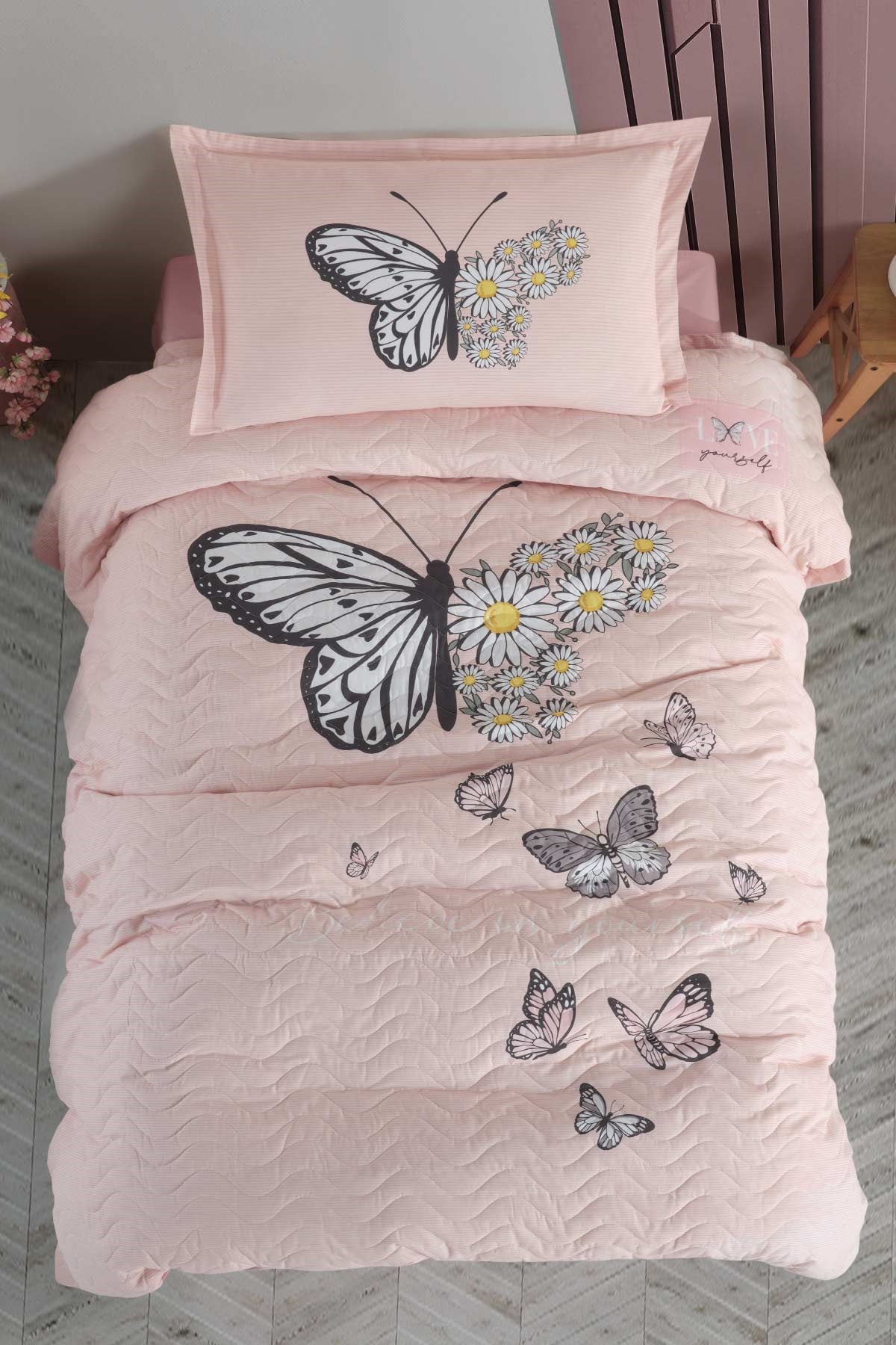 Clasy Ranforce %100 Pamuk Tek Kişilik Dört Mevsim Set Daisy Love V2 Somon