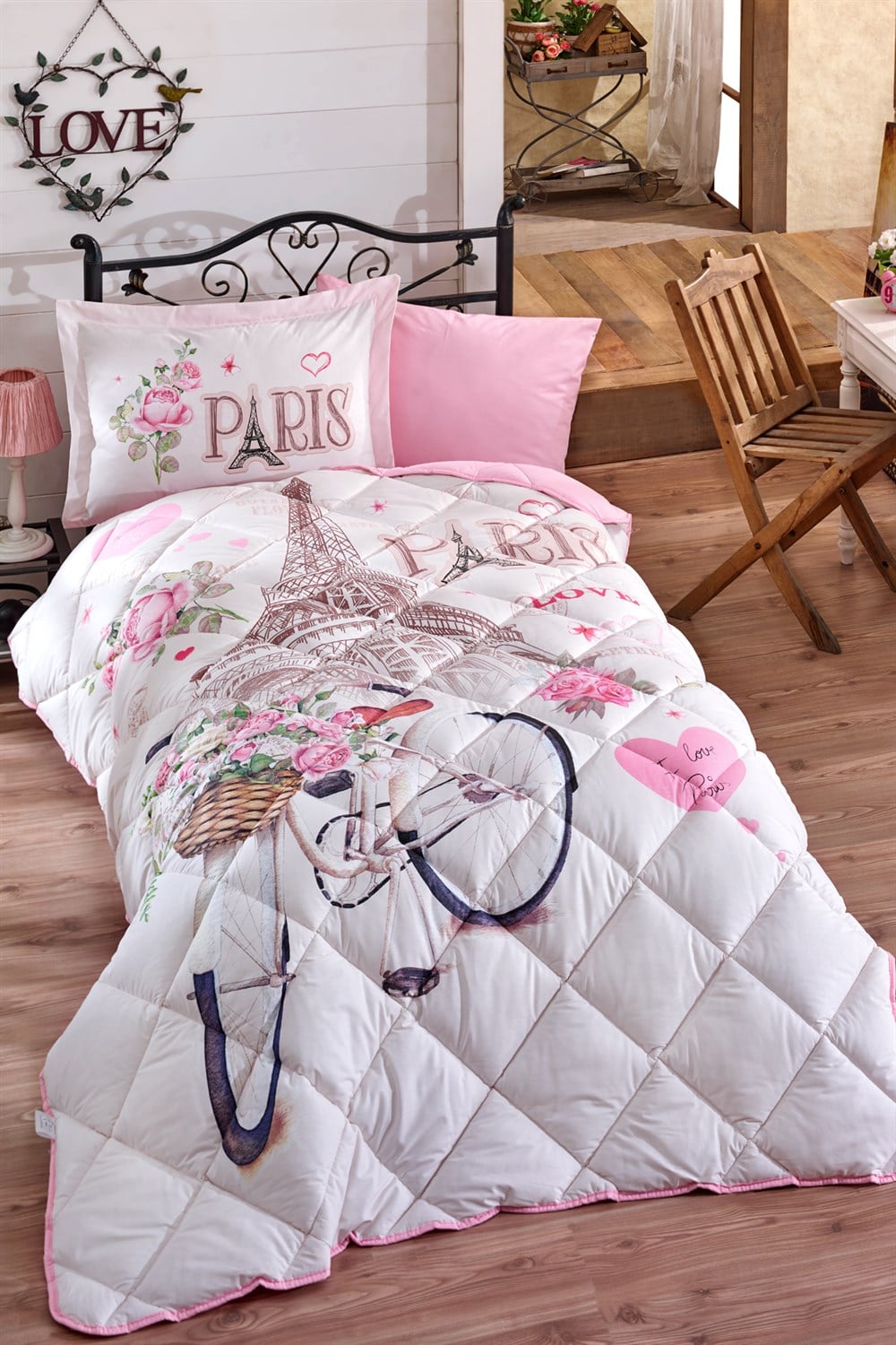 Clasy Ranforce %100 Pamuk Tek Kişilik Uyku Seti Paris Love V1 Pembe