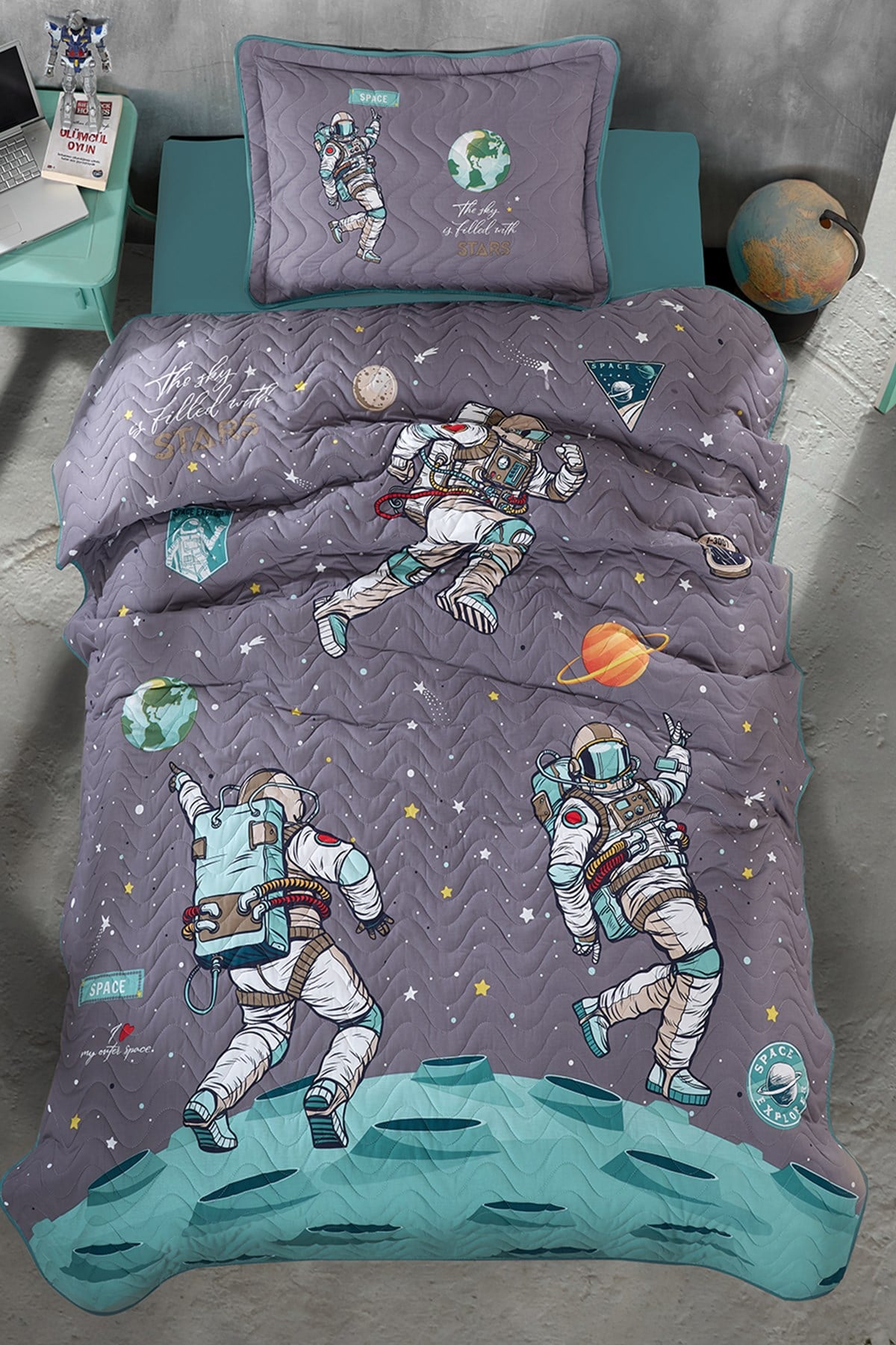 Clasy Ranforce %100 Pamuk Tek Kişilik Yatak Örtüsü Seti Space V1 Antrasit