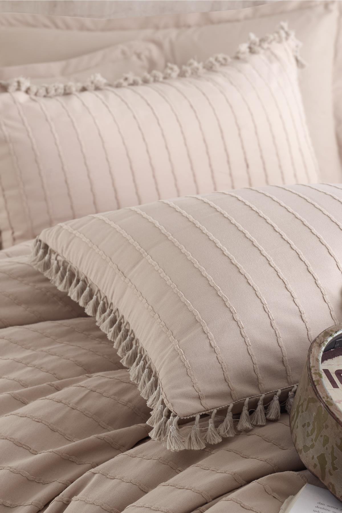 Nordqueen Ranforce %100 Pamuk Püsküllü Yastık Kılıfı 2'li 50x70 Cm Bej