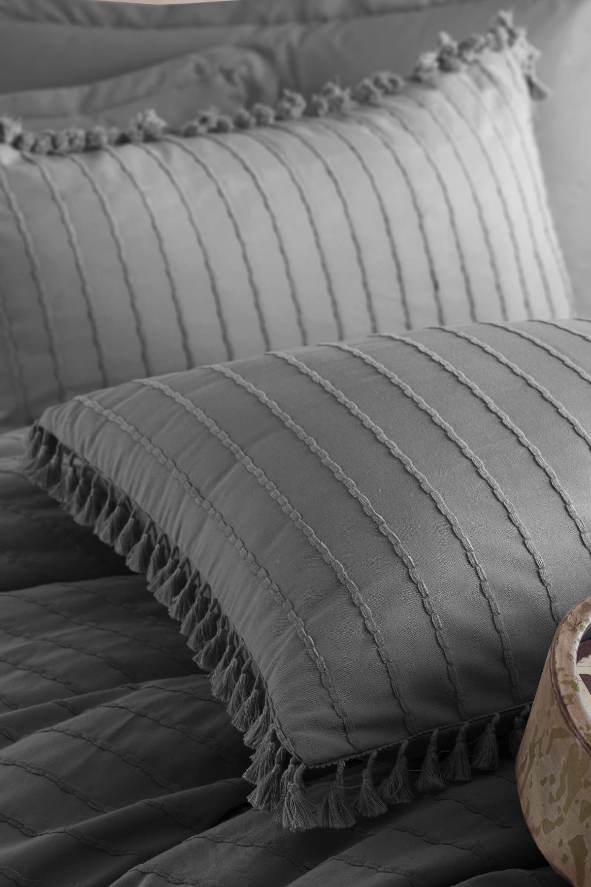 Nordqueen Ranforce %100 Pamuk Püsküllü Yastık Kılıfı 2'li 50x70 Cm Füme