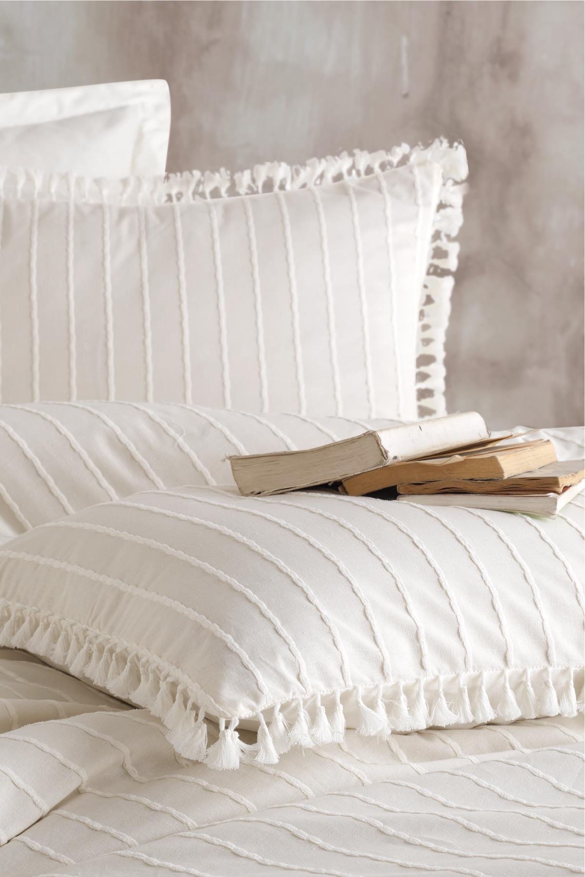 Nordqueen Ranforce %100 Pamuk Püsküllü Yastık Kılıfı 2'li 50x70 Cm Ekru