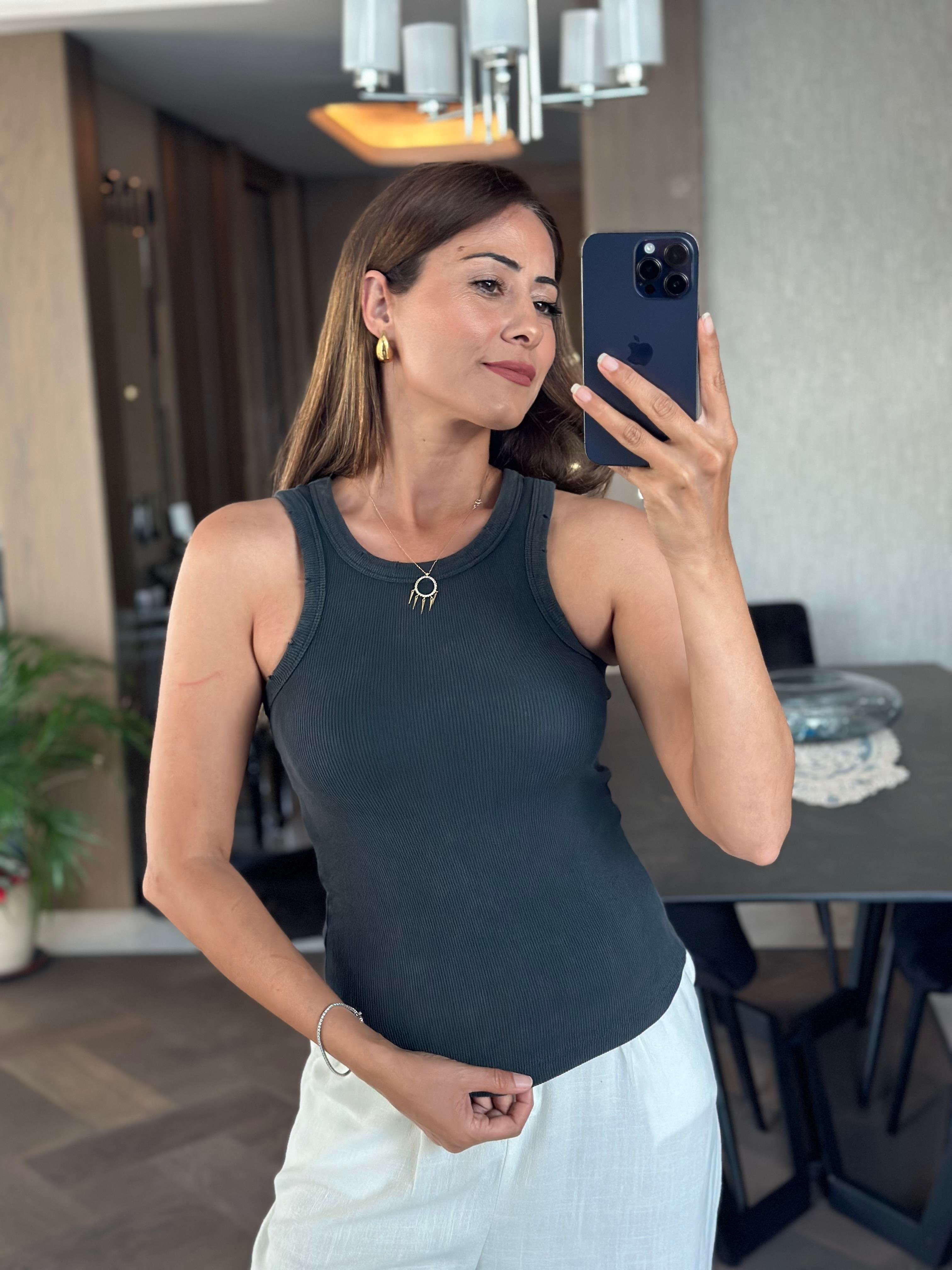 Antrasit Arkası Dikiş Detay Yıkamalı Halter Yaka Kadın Kaşkorse Body