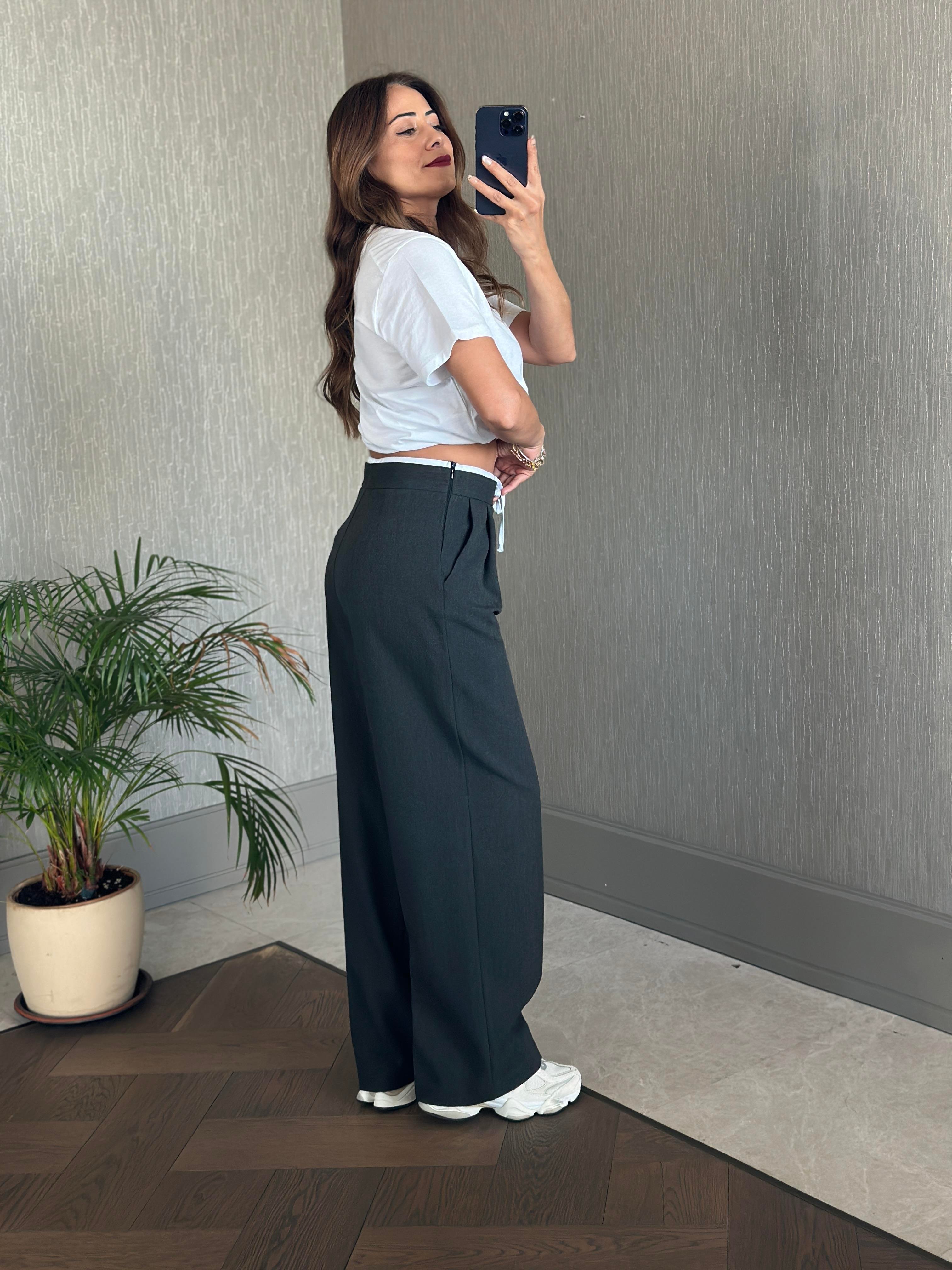 Antrasit Beli Beyaz Garnili Yanı Fermuarlı Kumaş Kadın Pantolon