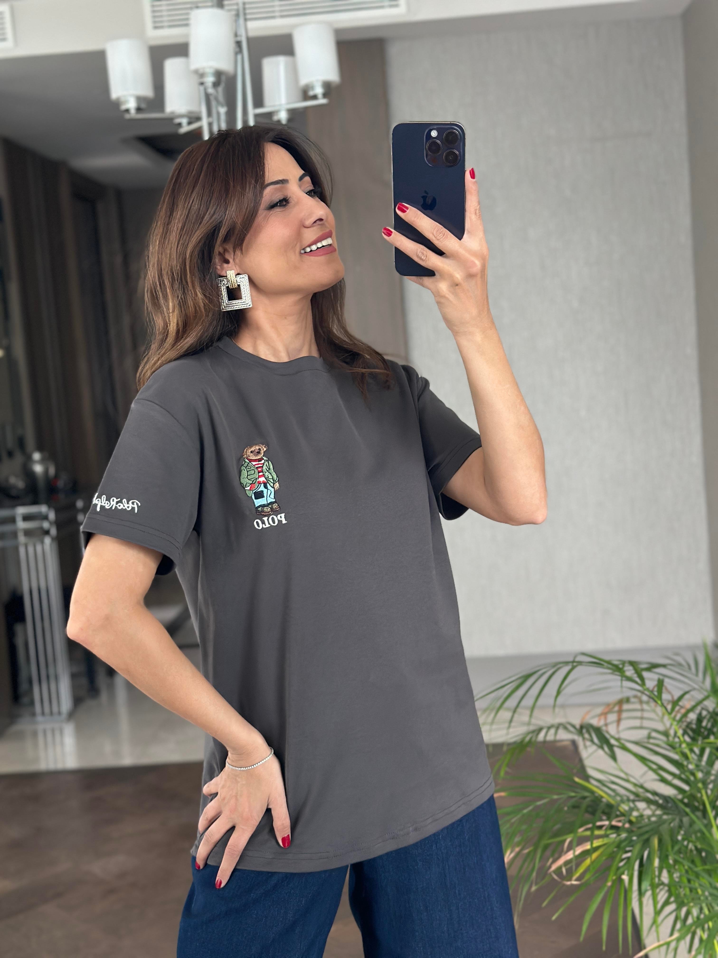 Antrasit Bisiklet Yaka Kol Ucu Yazı Nakışlı  Ayıcık RL Kadın T-Shirt 