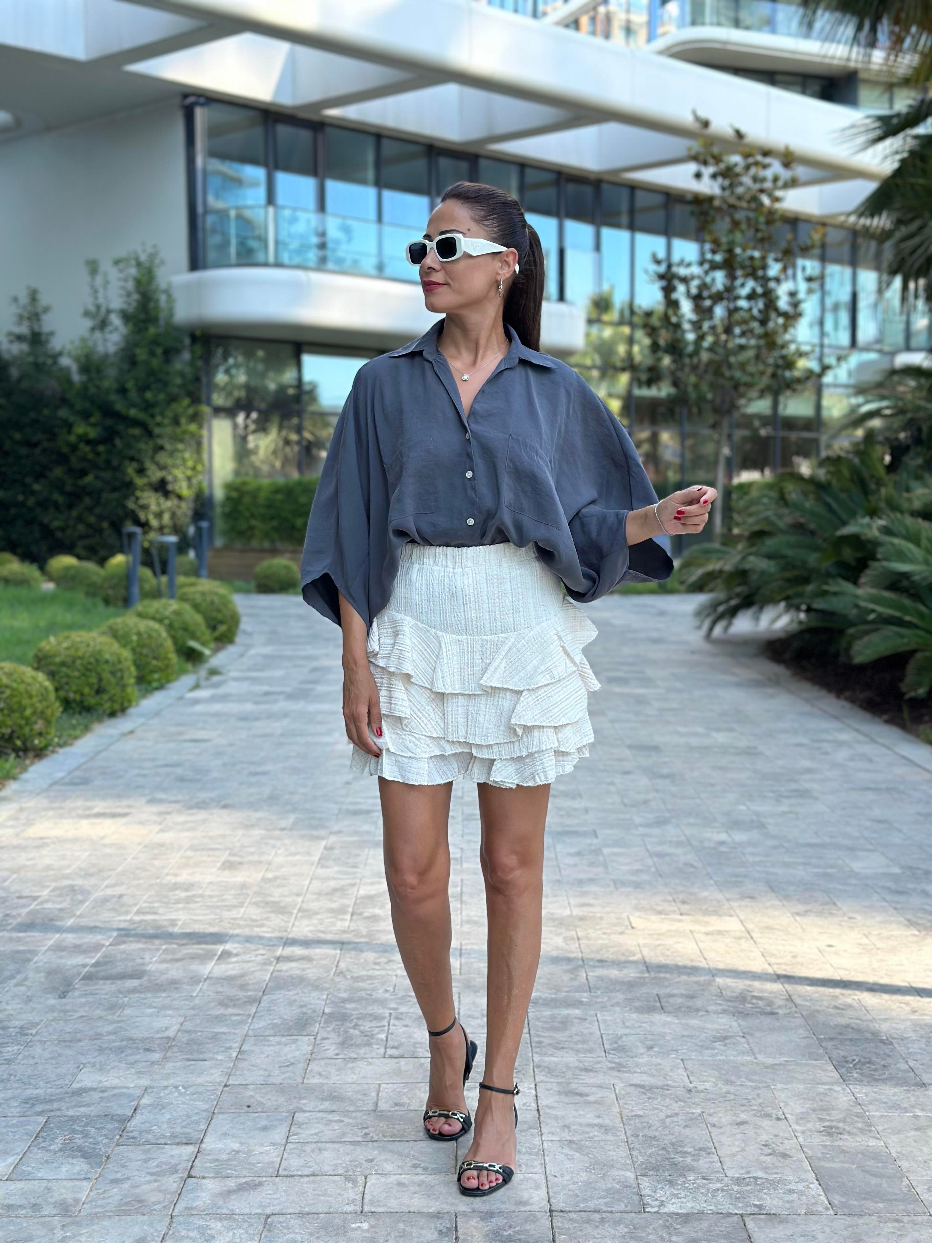 Antrasit Çift Cepli Yarasa Kol Tnsel Kadın Gömlek