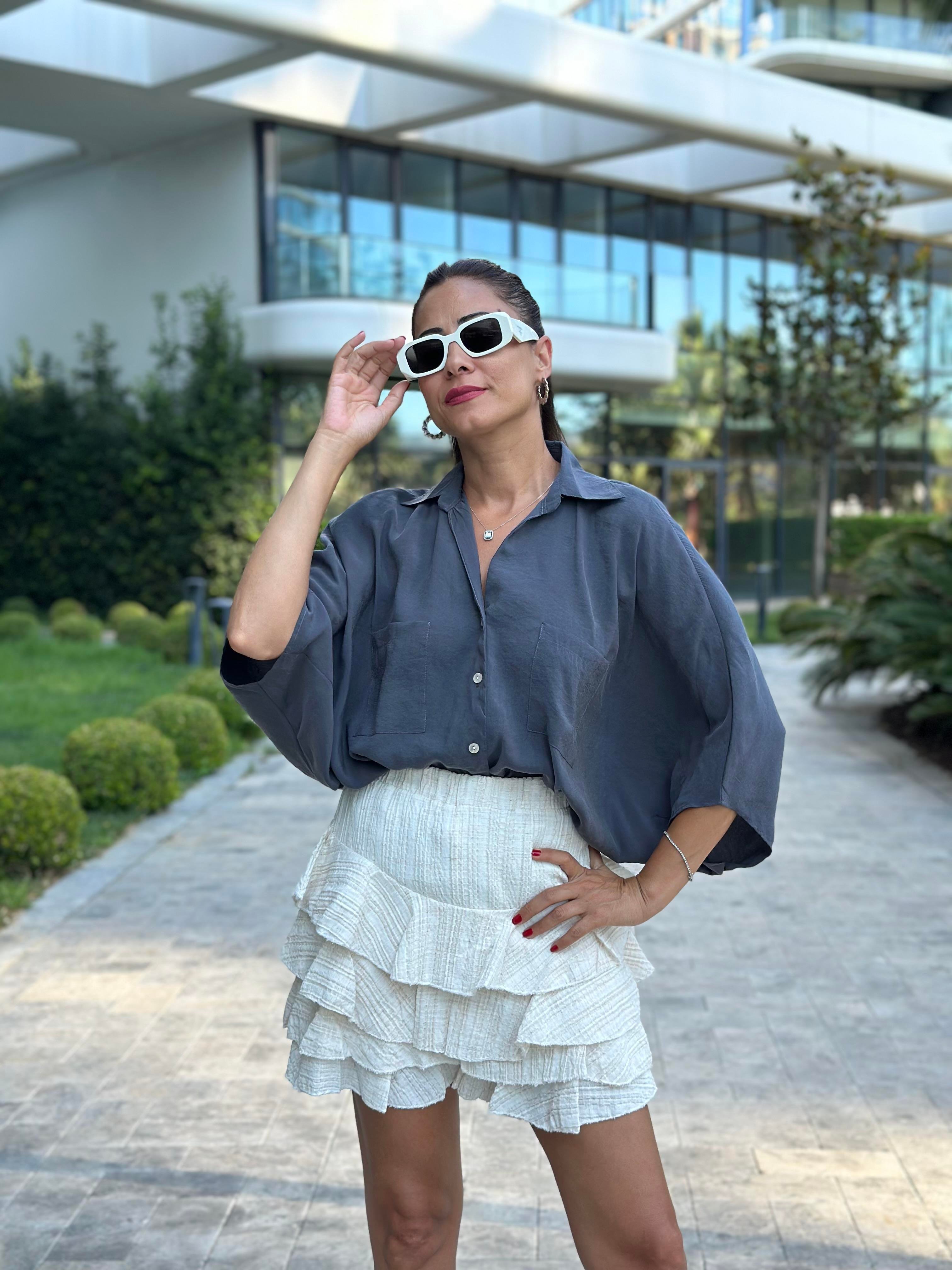 Antrasit Çift Cepli Yarasa Kol Tnsel Kadın Gömlek