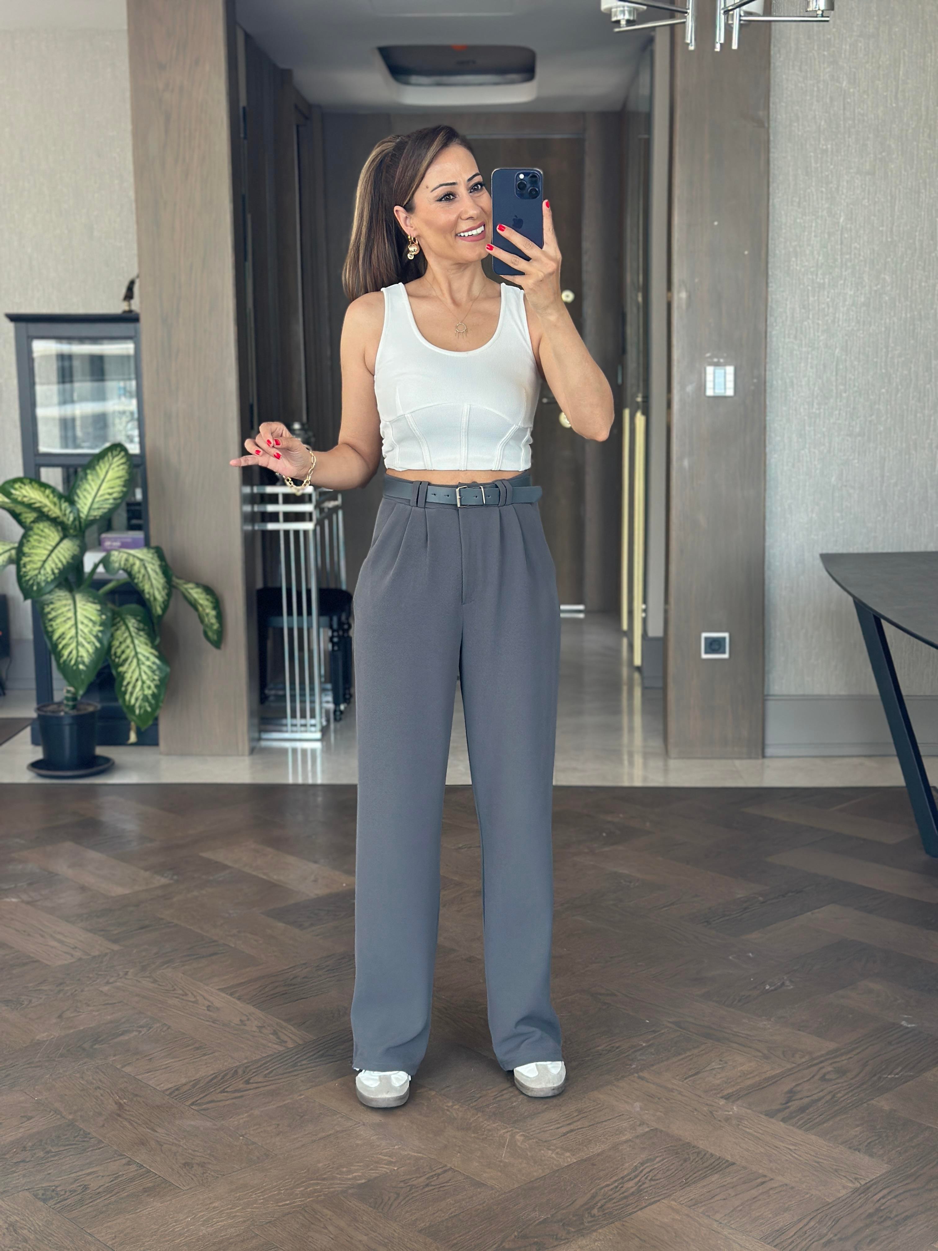 Antrasit Çift Pileli Kemerli Likralı Krep Kadın Pantolon