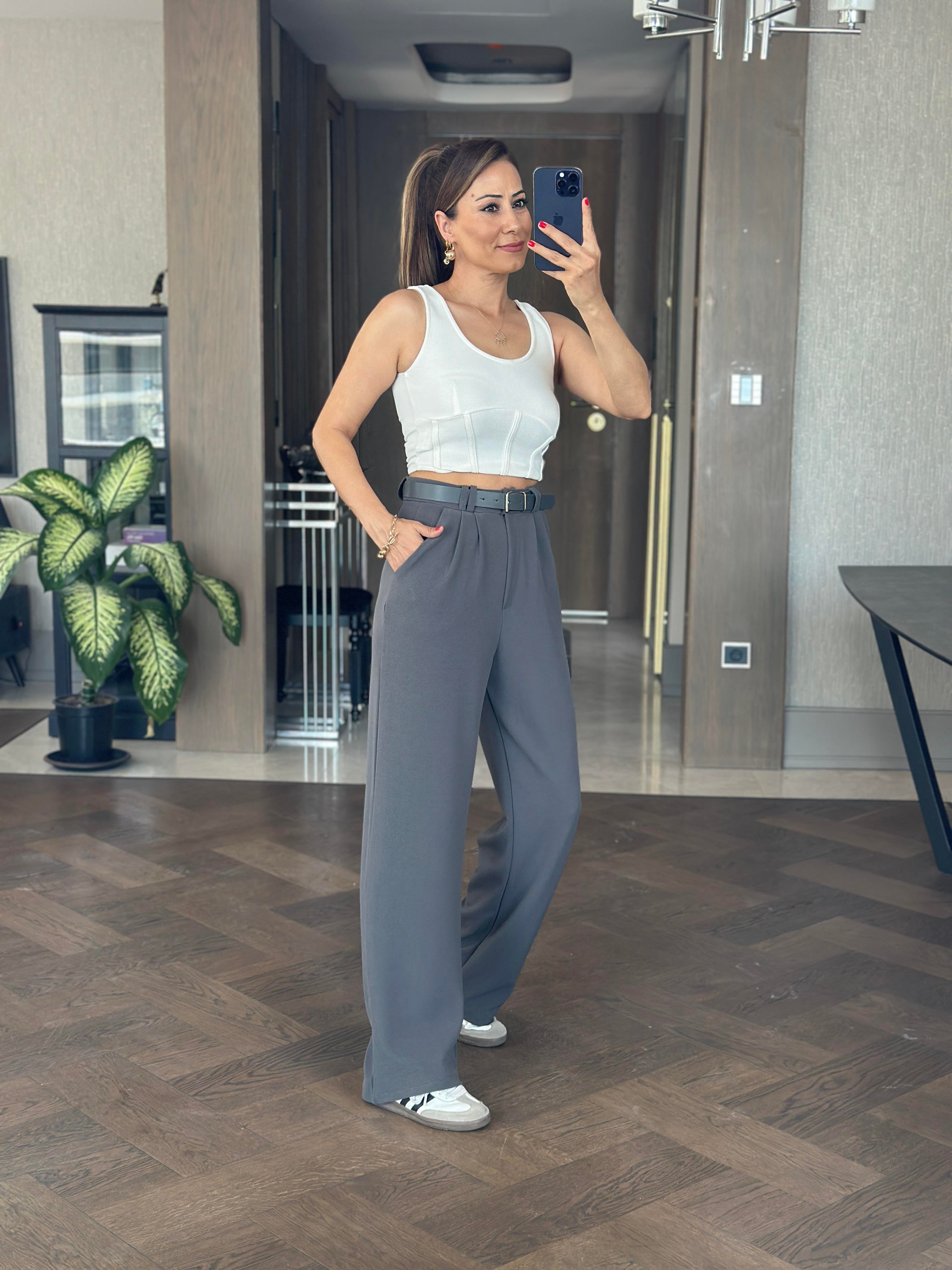 Antrasit Çift Pileli Kemerli Likralı Krep Kadın Pantolon