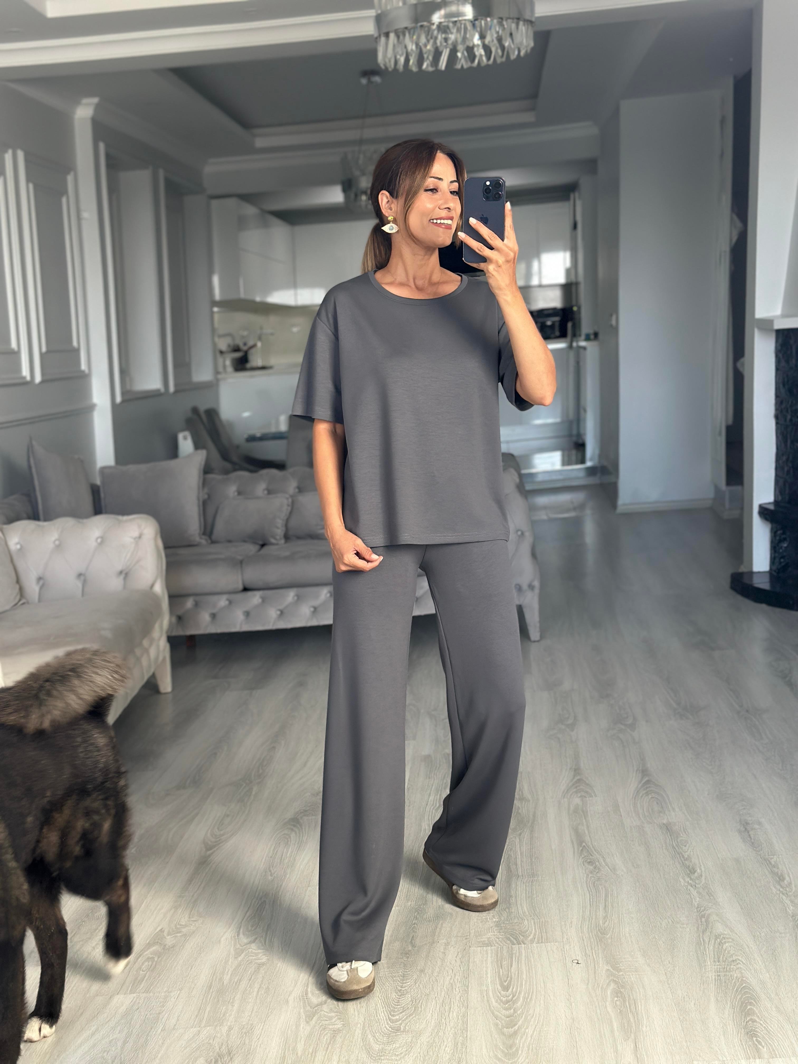 Antrasit İthal Kumaş T-Shirt Cepsiz Pantolon Kadın İkili Takımı