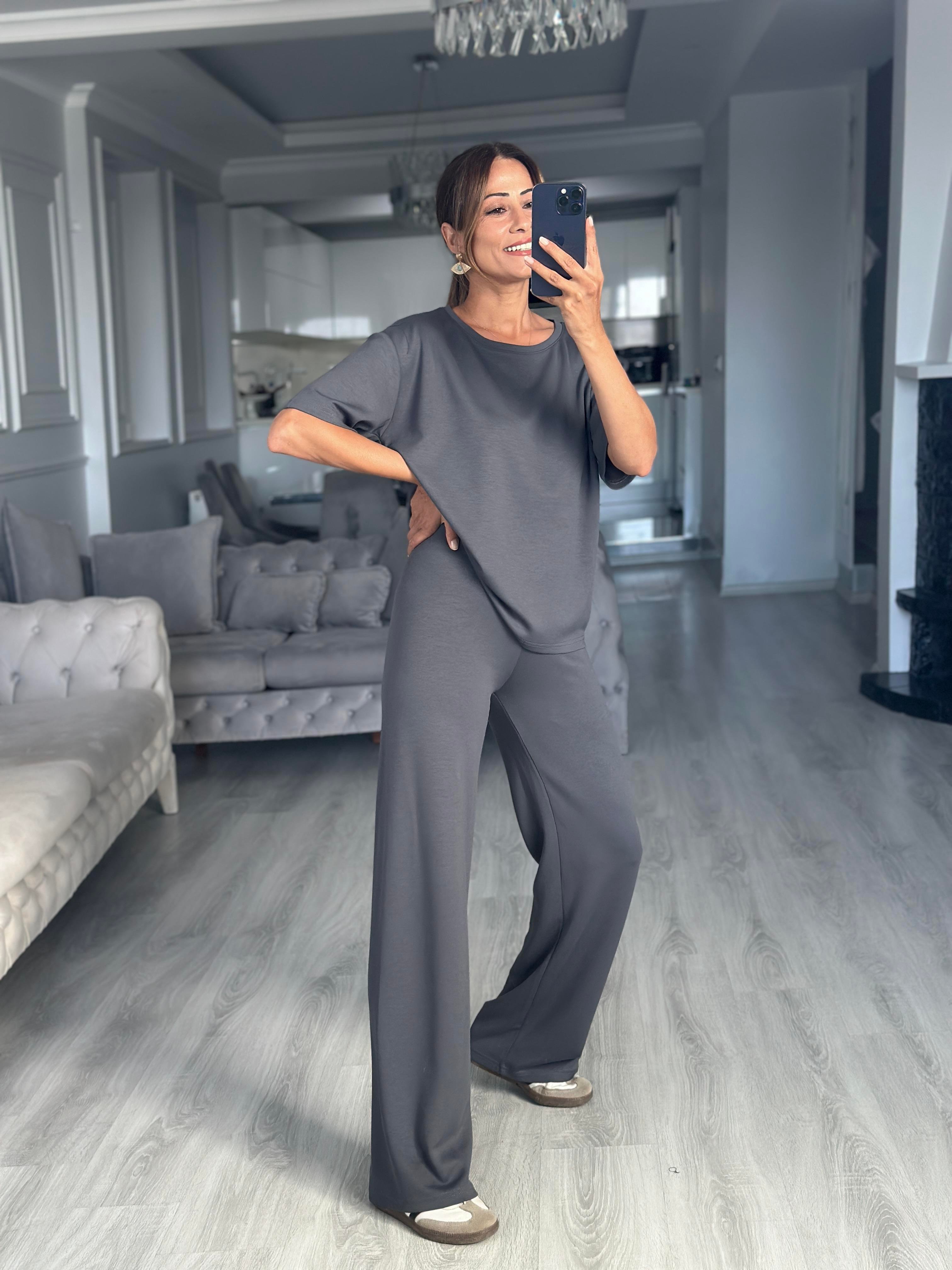 Antrasit İthal Kumaş T-Shirt Cepsiz Pantolon Kadın İkili Takımı